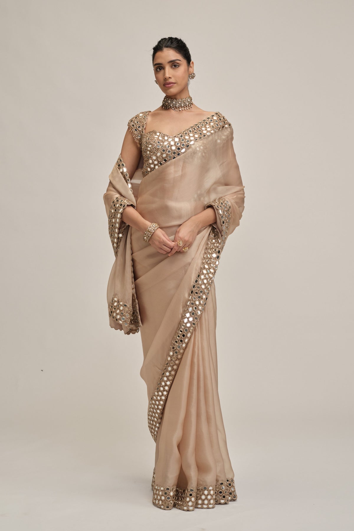 Beige Mirror Border Saree Set