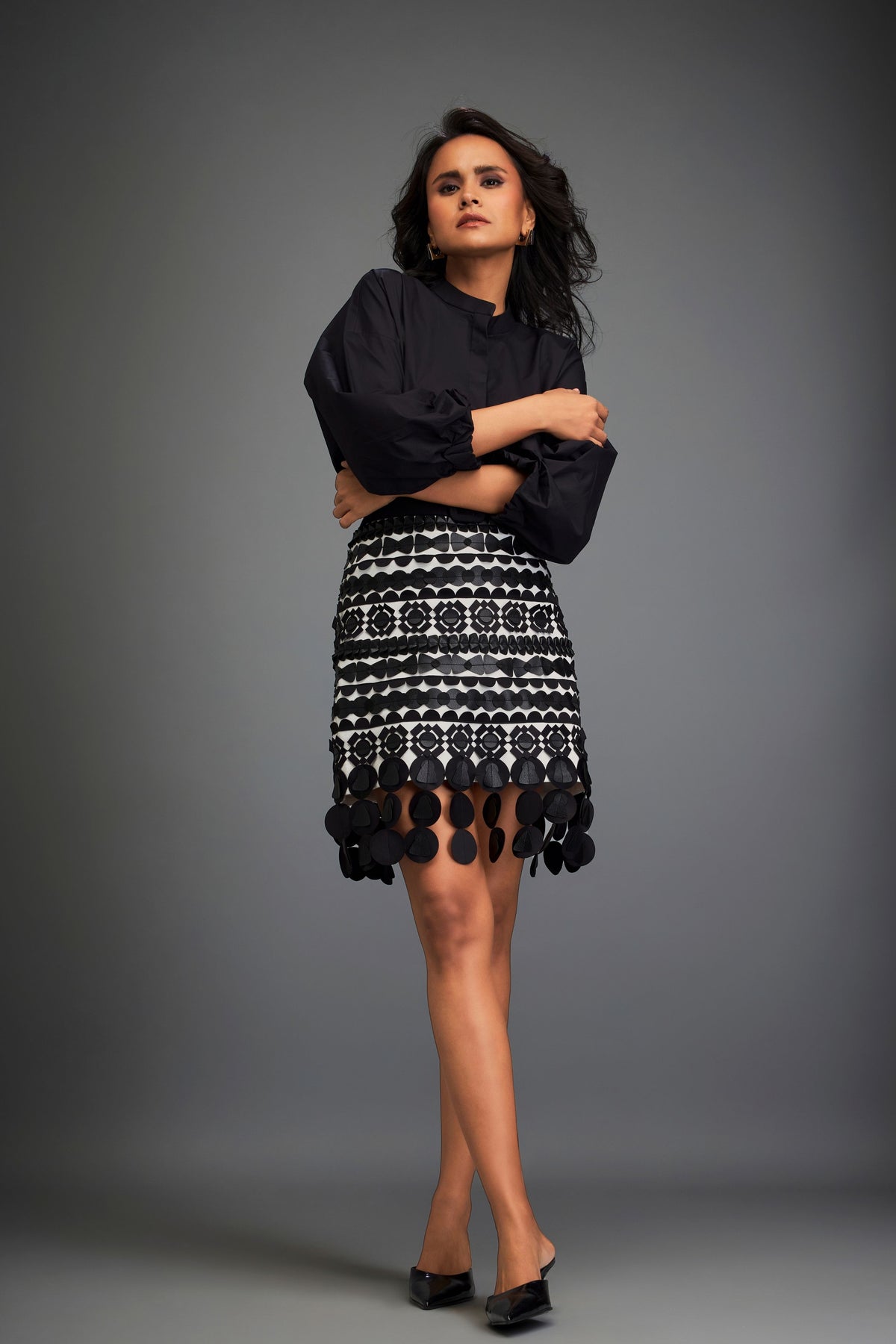 Black Embellished Skirt With Belt