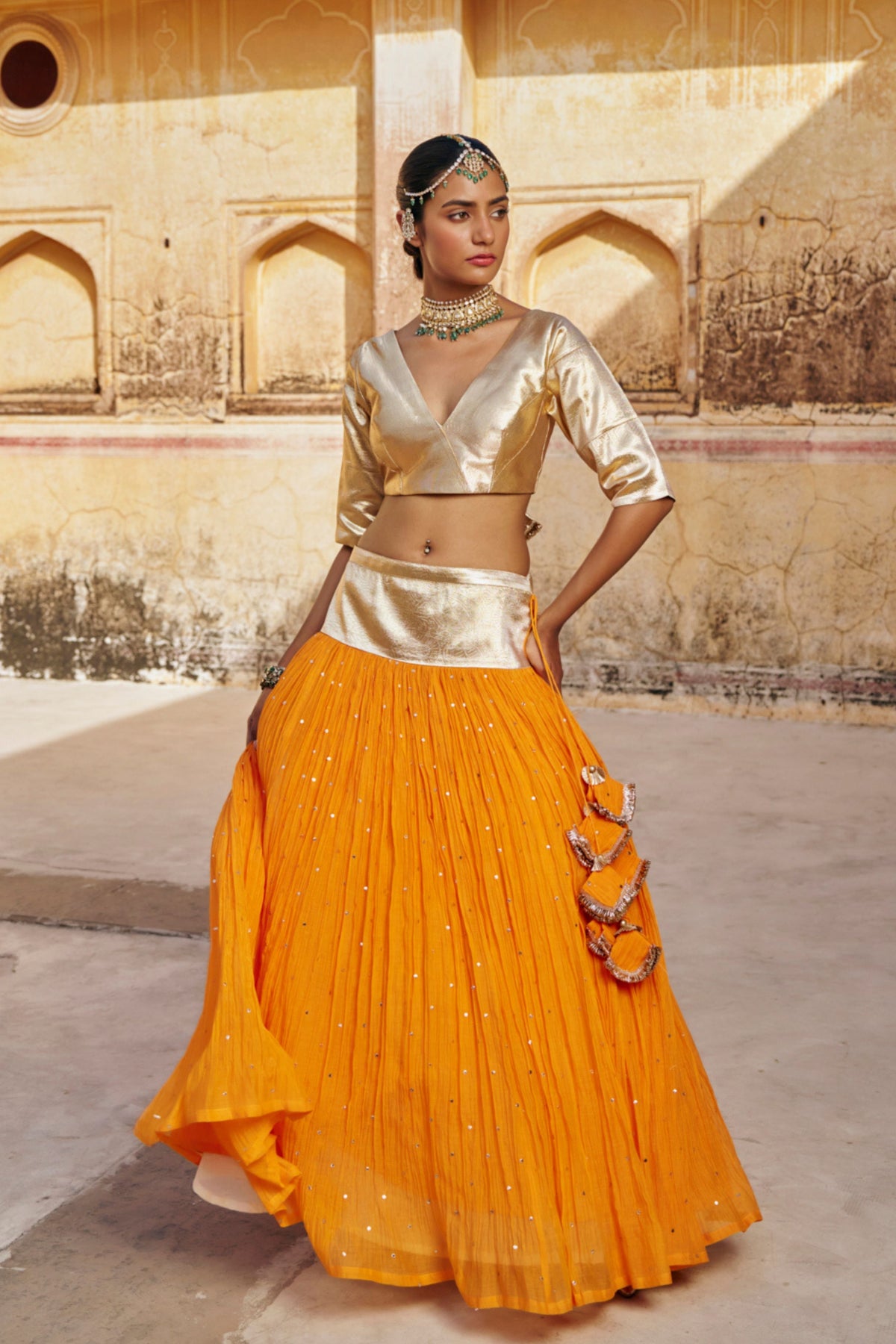 Saffron Golden Zari Lehenga Set