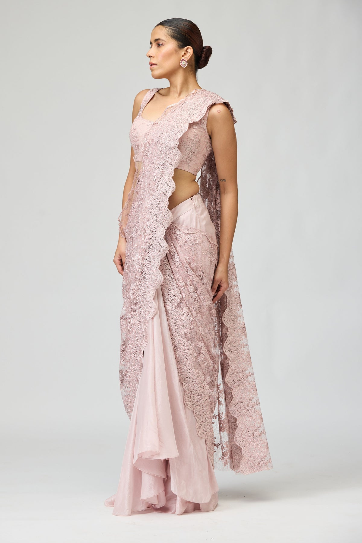 Pink Sheer Embroidered Saree Set