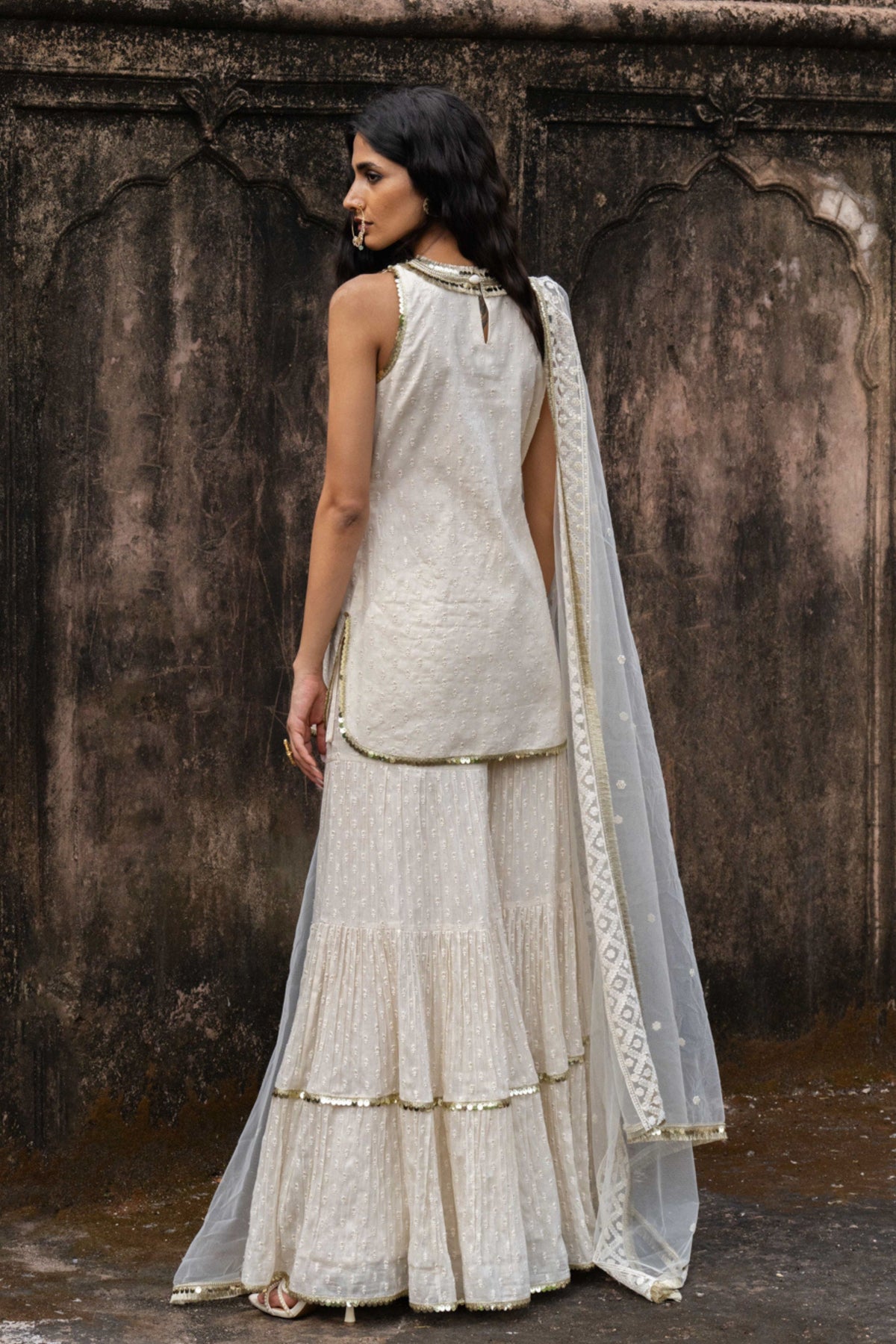 Off White Gold Dot Sharara Set