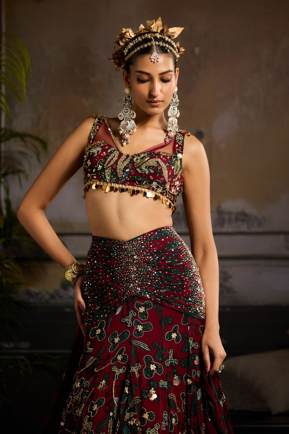 Wine Print Highlighted Lehenga Set