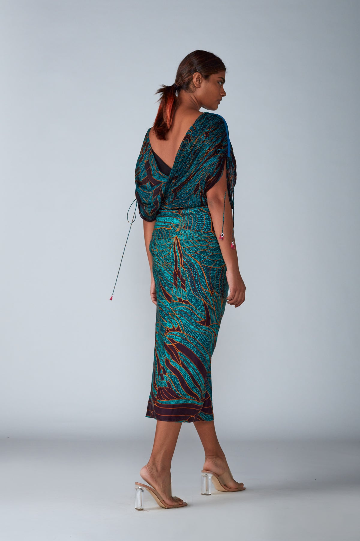 Abstract Wing Print Draped Dress