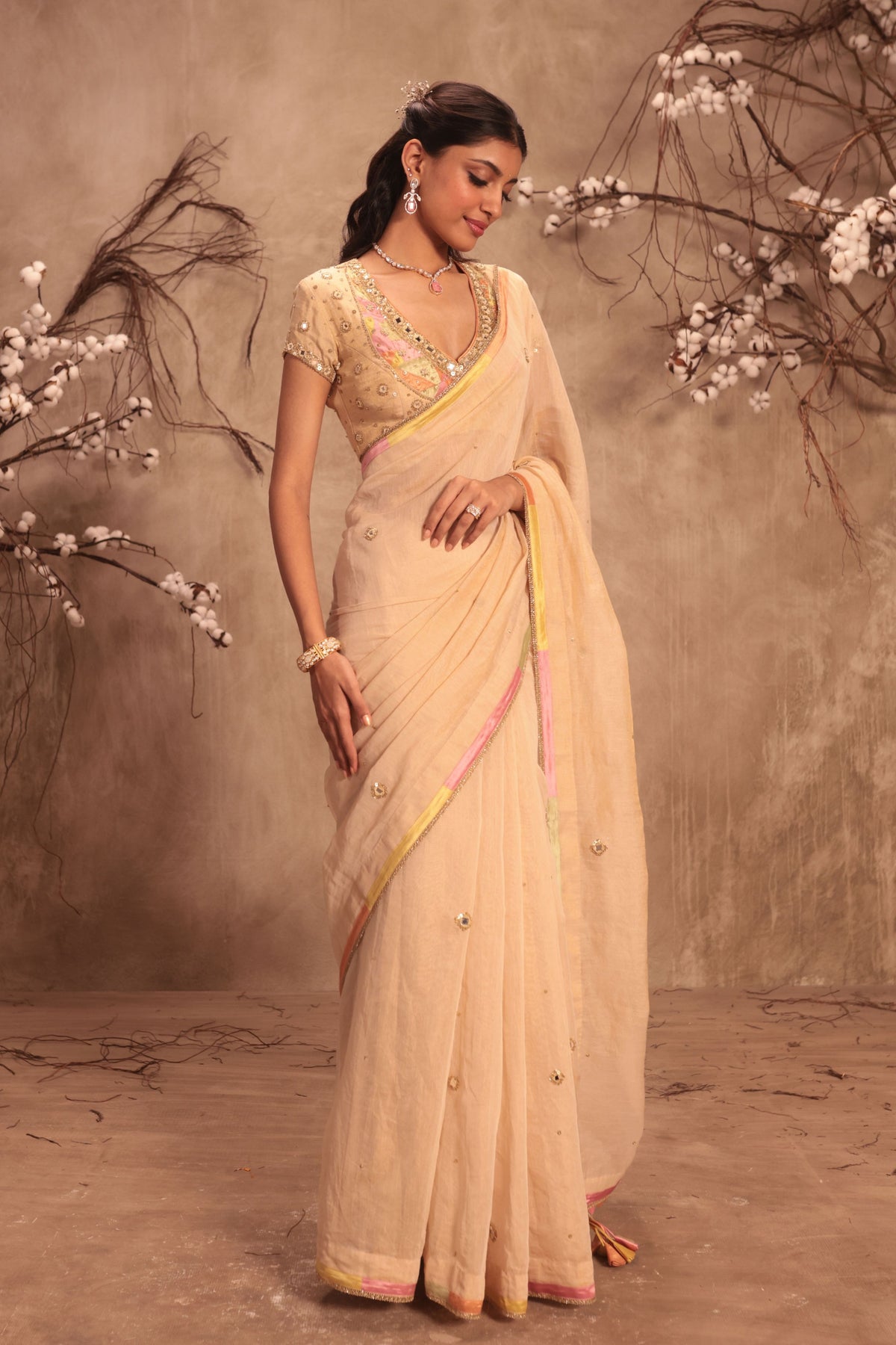 Ivory Applique Saree Set