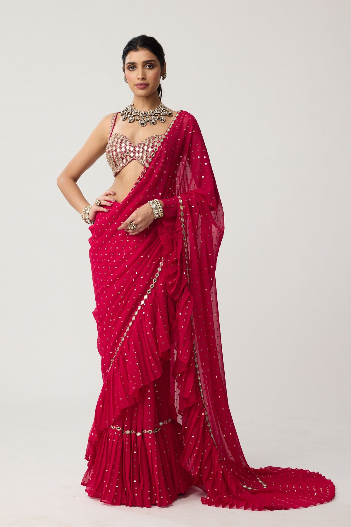 Crimson Red Ruffle Saree Set