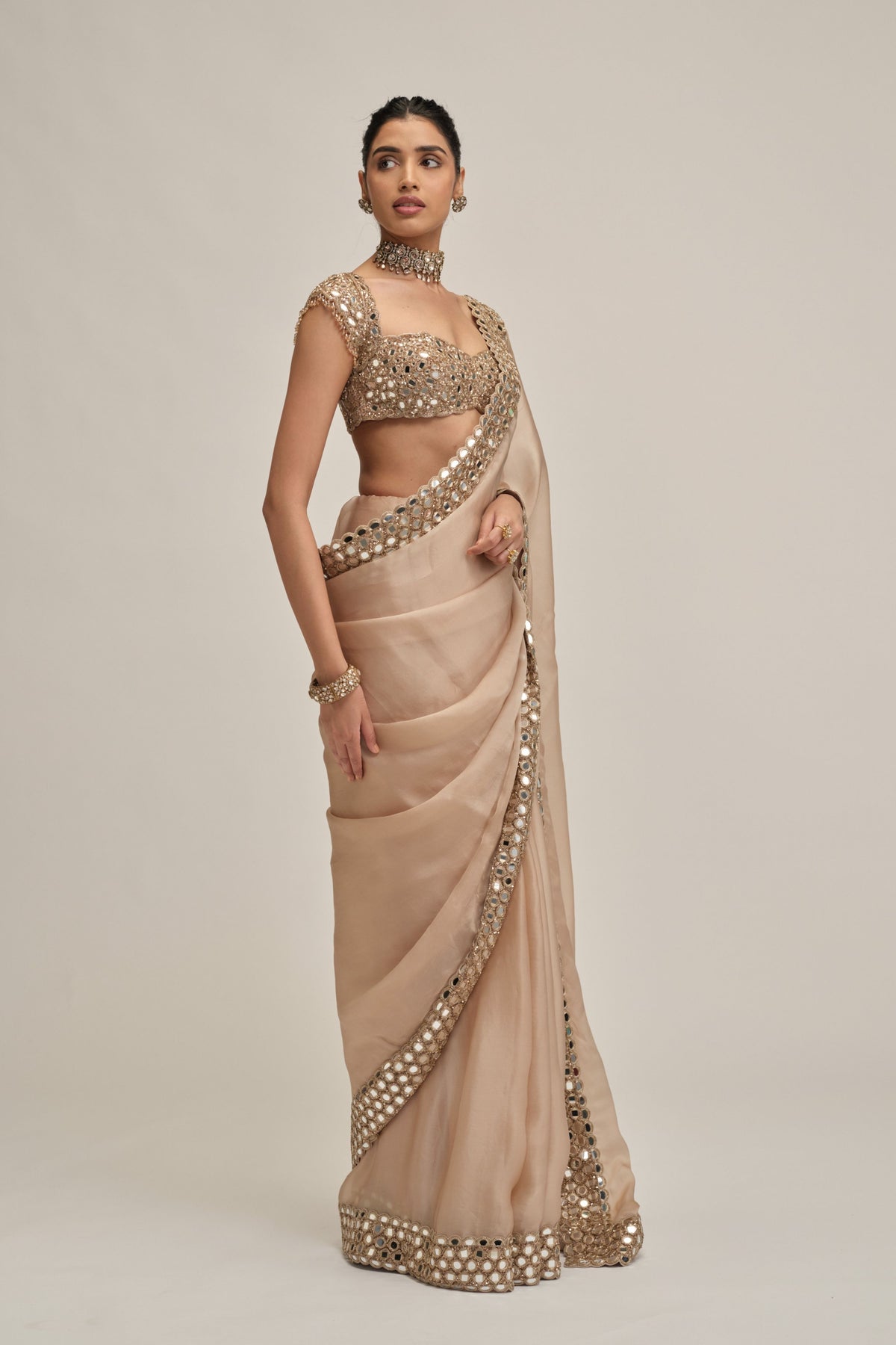 Beige Mirror Border Saree Set