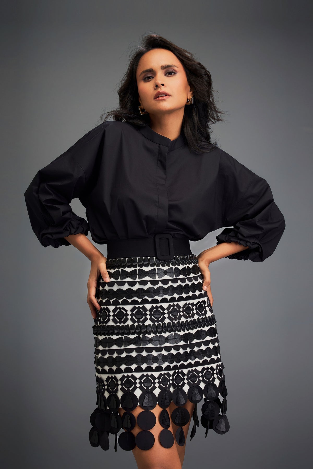 Black Embellished Skirt With Belt