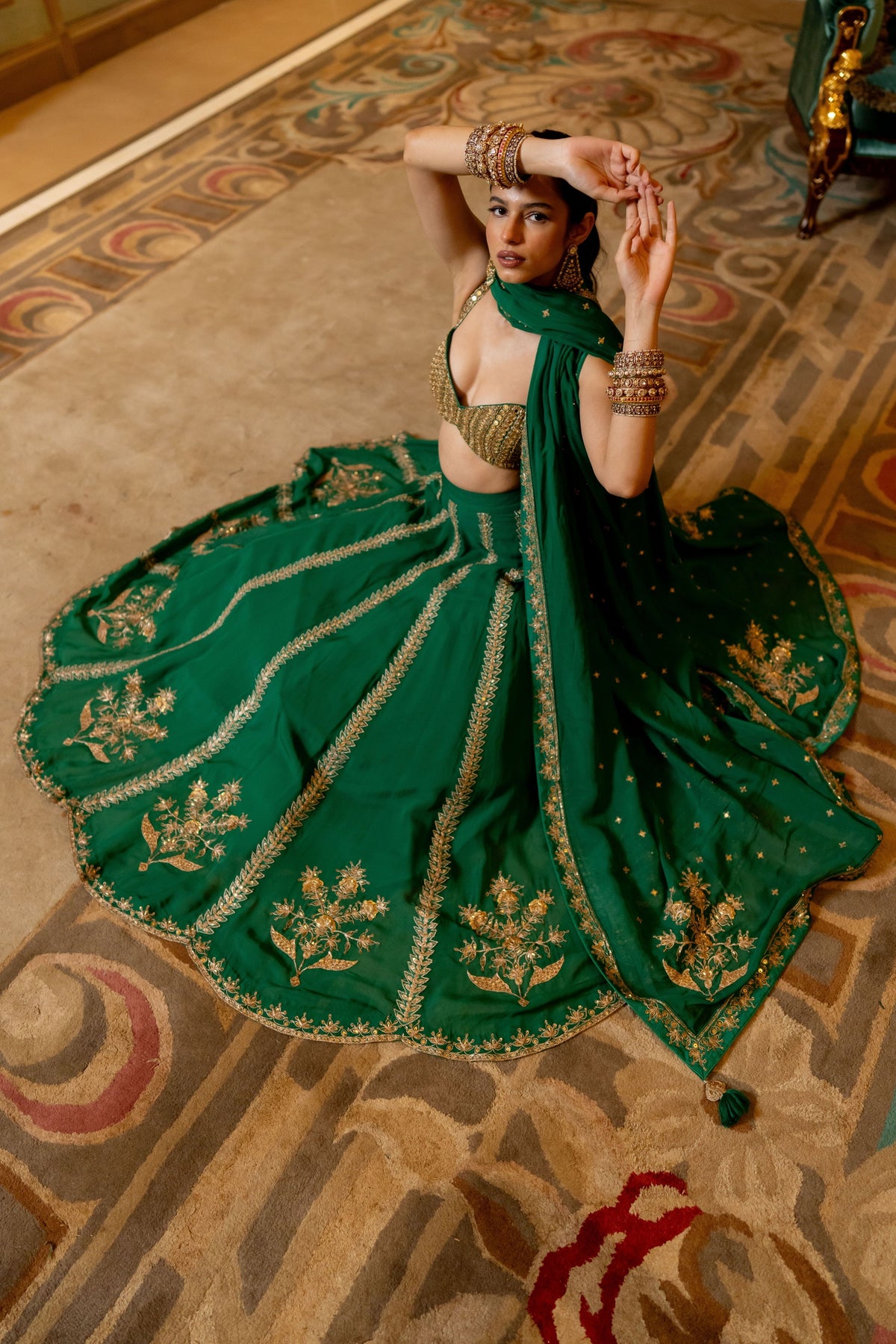 Emerald Green Hand Embroidered Mirror Detailed Lehenga Set