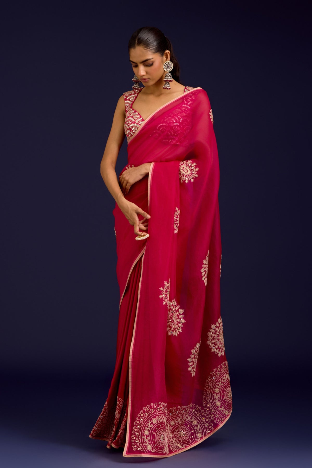 Fuchsia Embroidered Saree Set