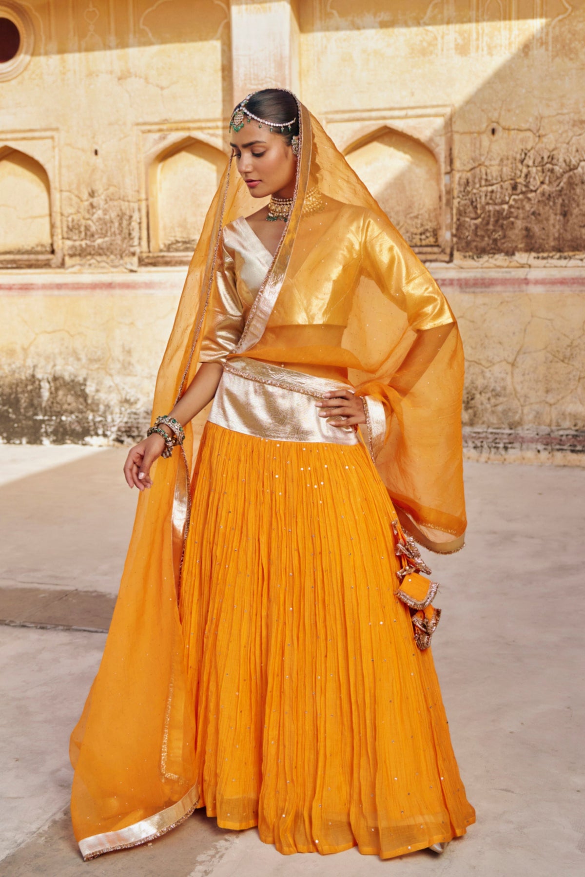 Saffron Golden Zari Lehenga Set