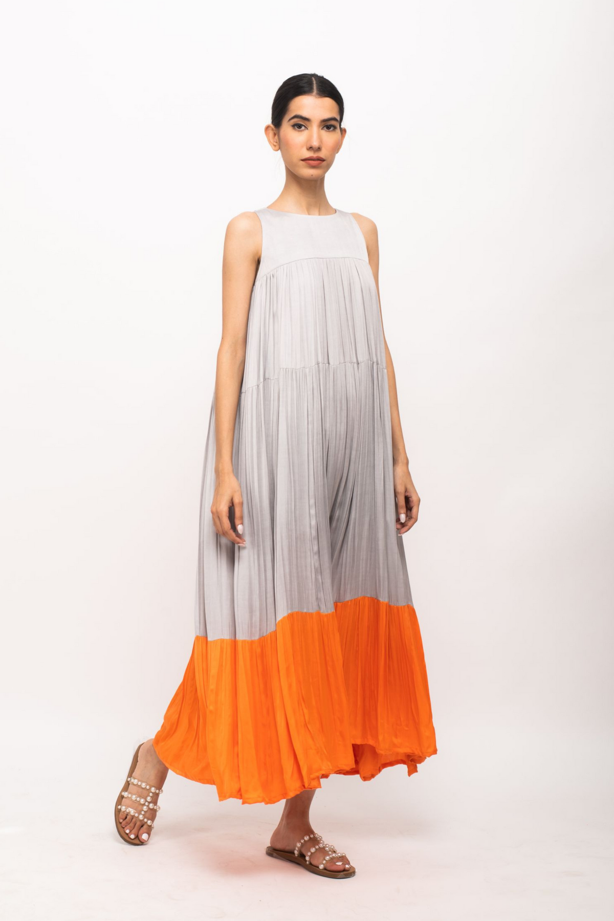 Grey and Orange Halter Neck Dress