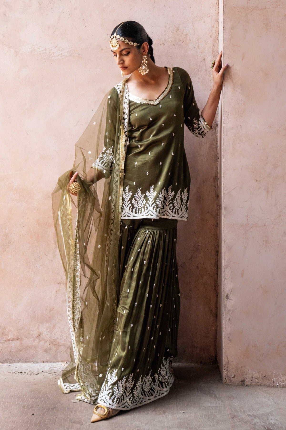 Olive Forest Embroidered Sharara Set