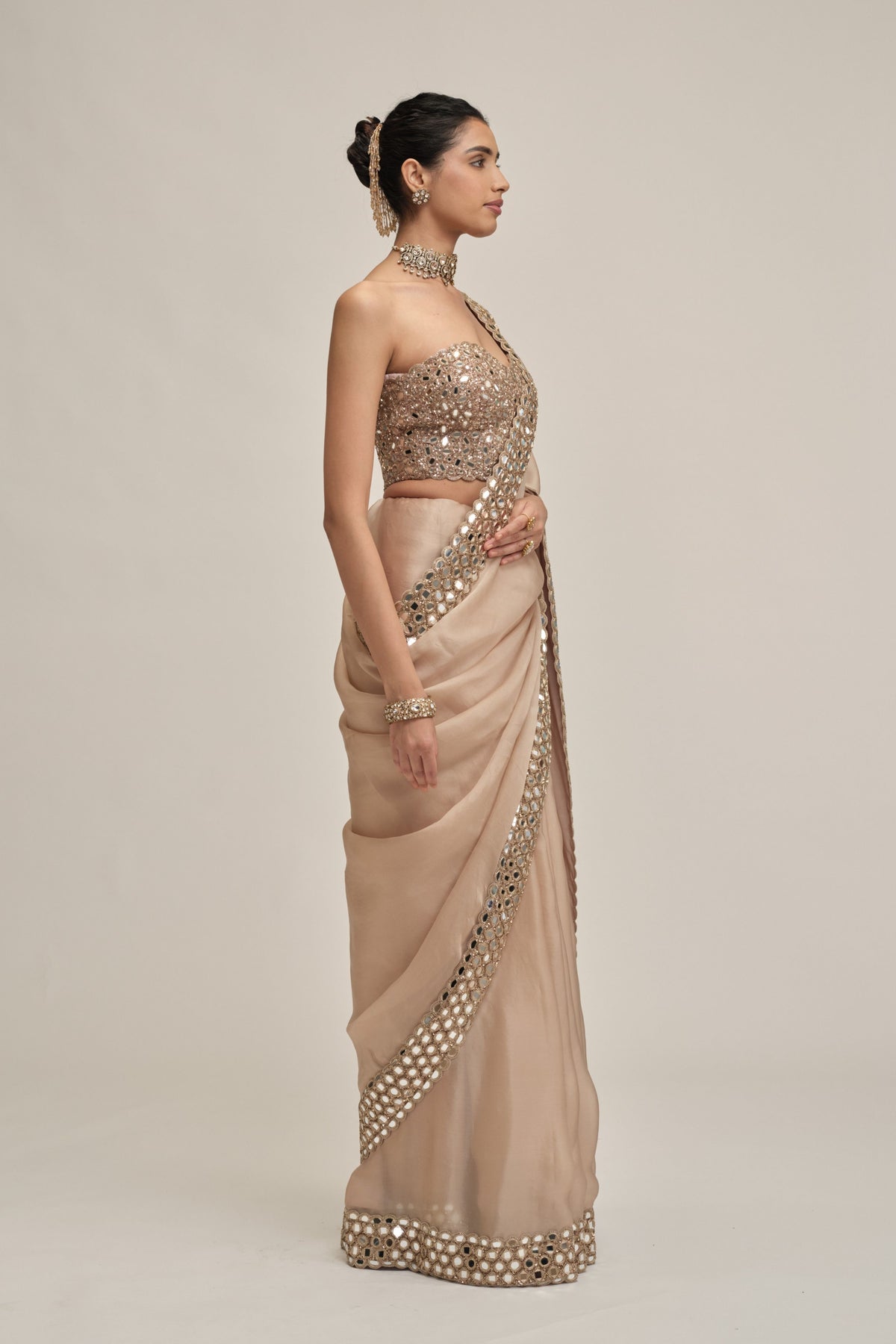 Beige Mirror Saree Set