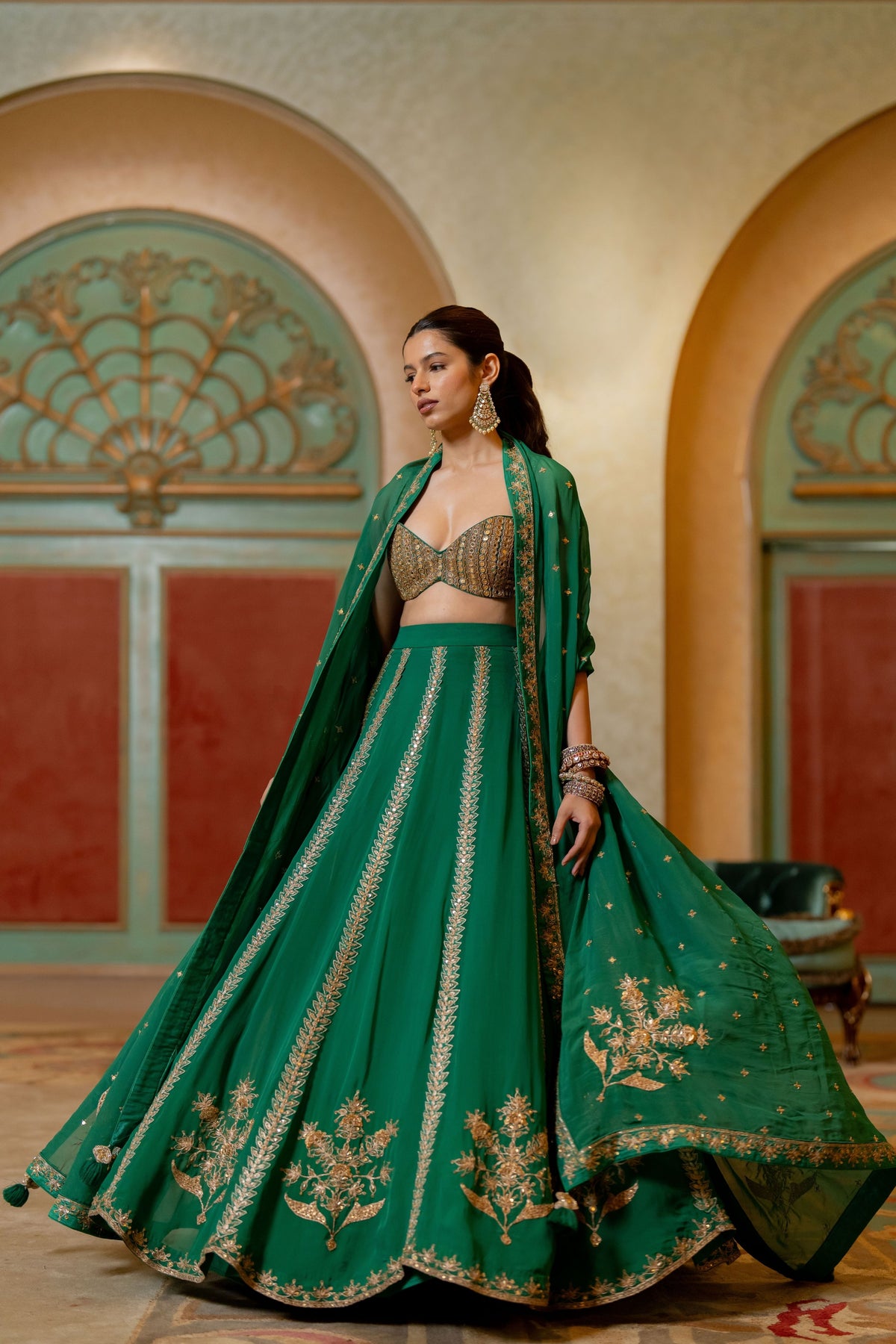 Emerald Green Hand Embroidered Mirror Detailed Lehenga Set