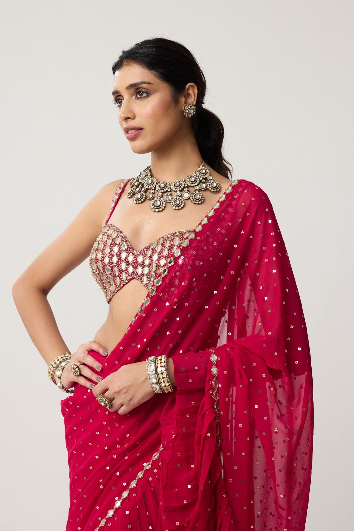 Crimson Red Ruffle Saree Set
