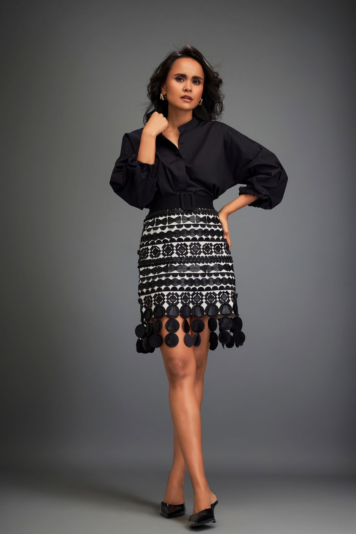 Black Embellished Skirt With Belt