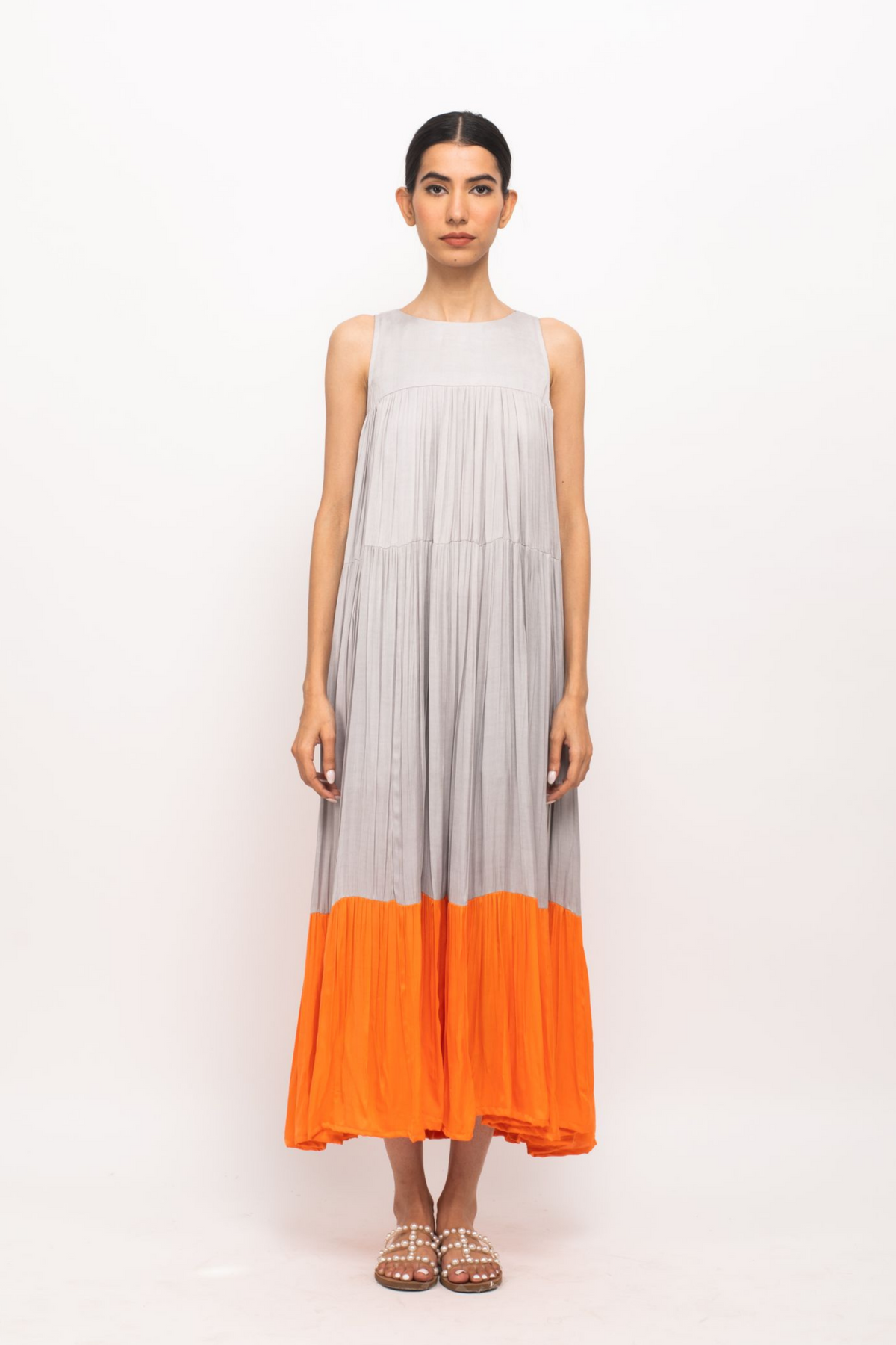 Grey and Orange Halter Neck Dress