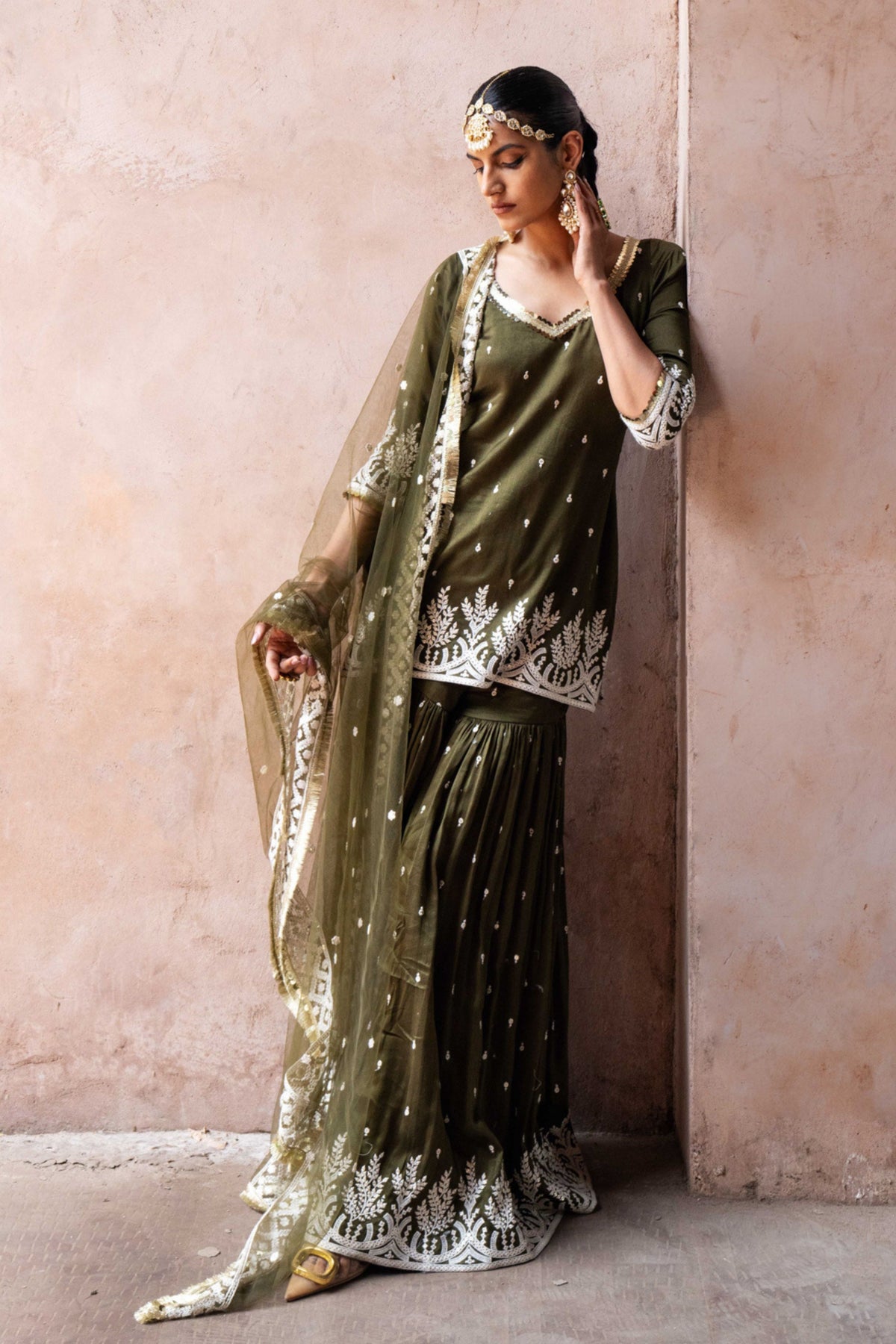 Olive Forest Embroidered Sharara Set