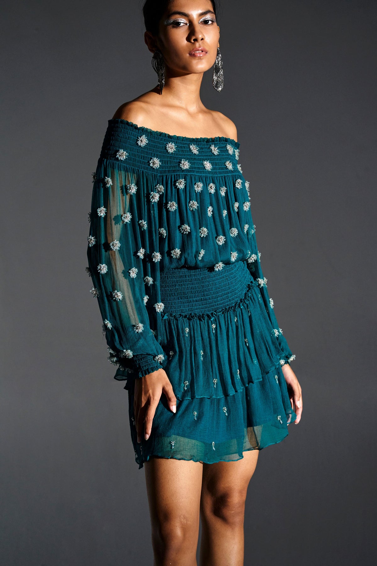 Green Ruched Sleeves Dress