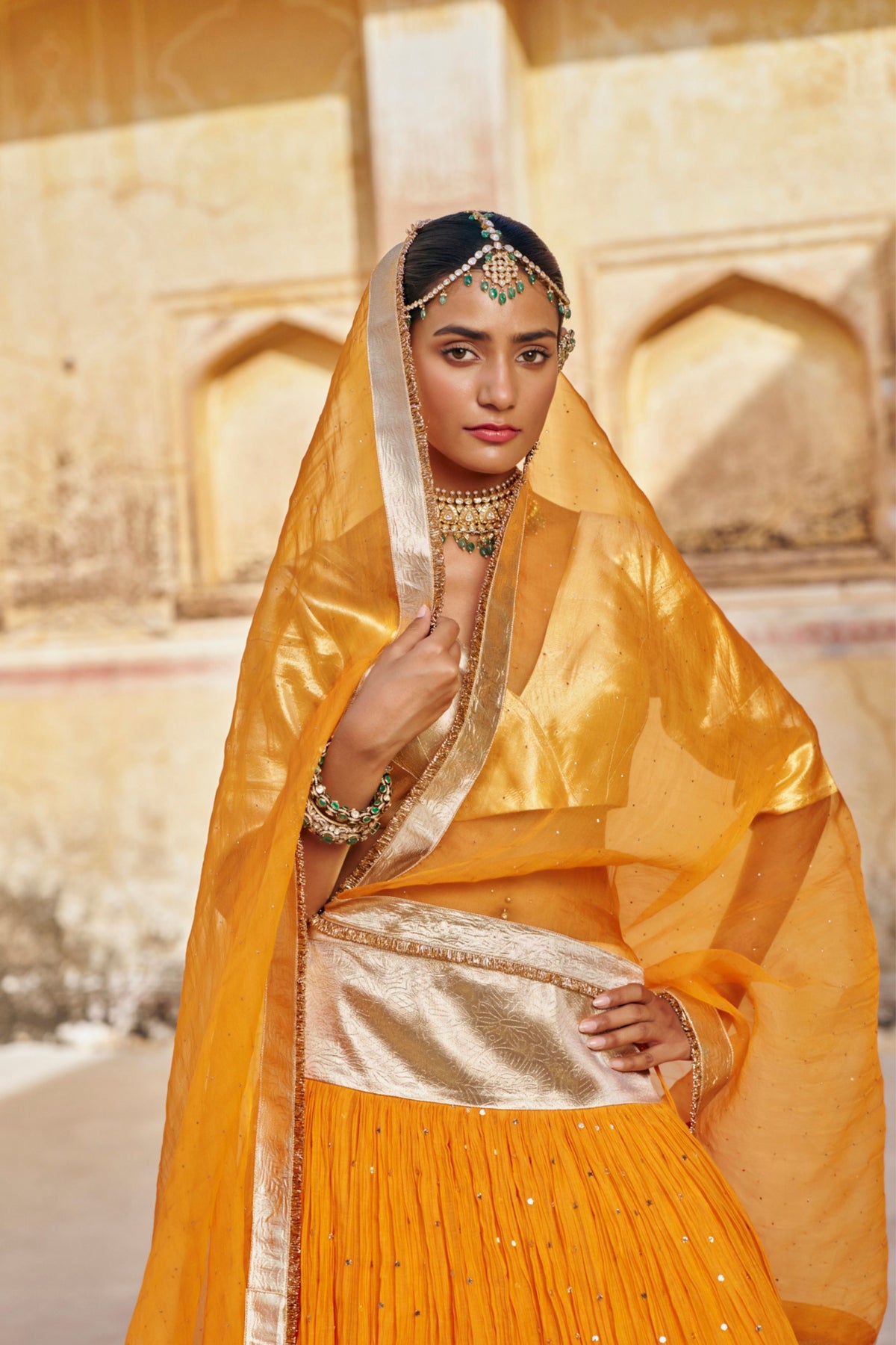 Saffron Golden Zari Lehenga Set
