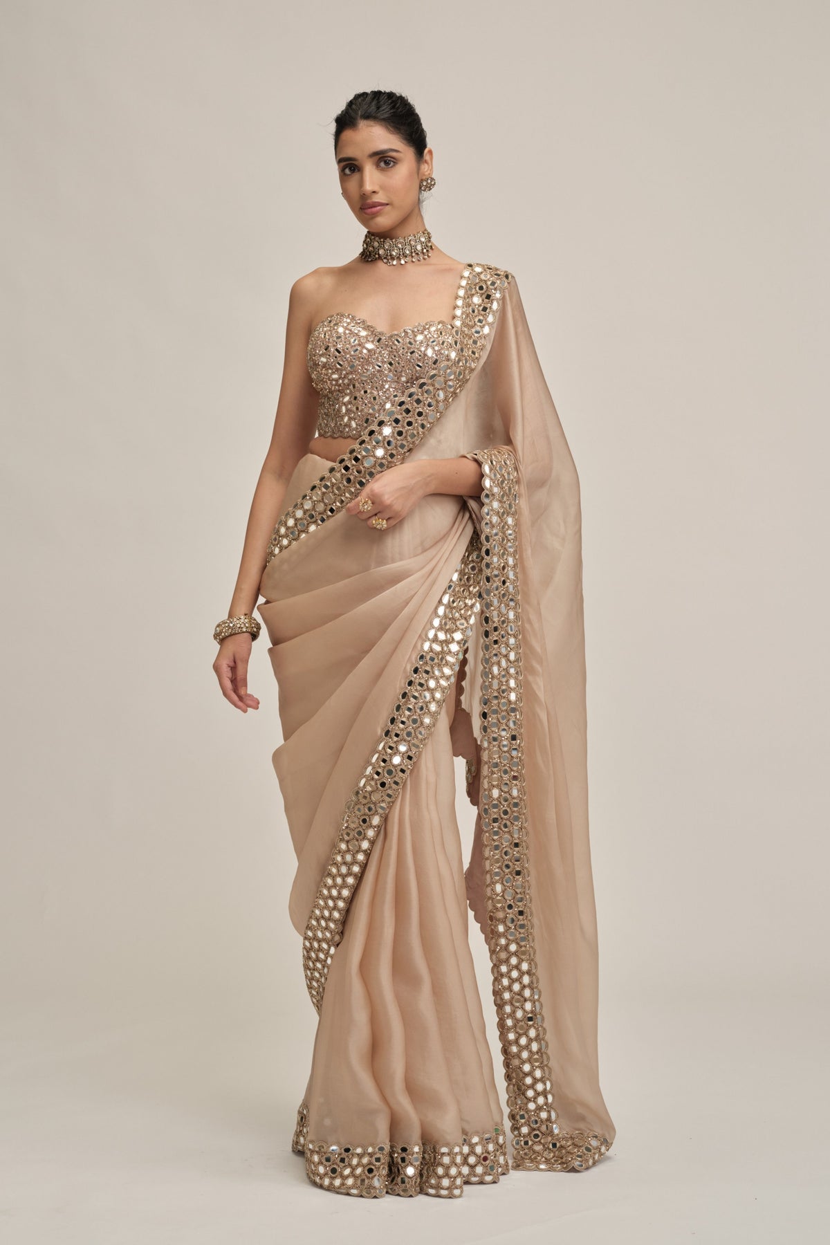 Beige Mirror Saree Set