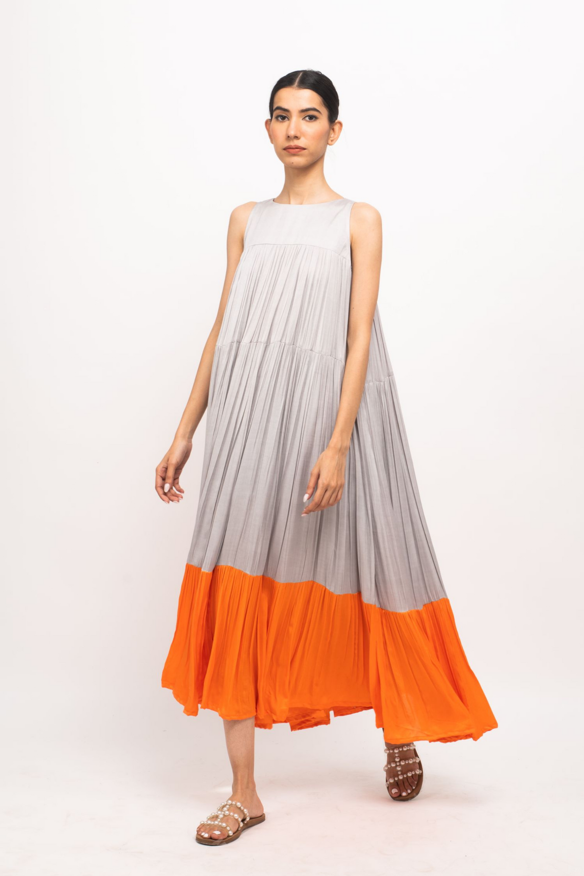 Grey and Orange Halter Neck Dress
