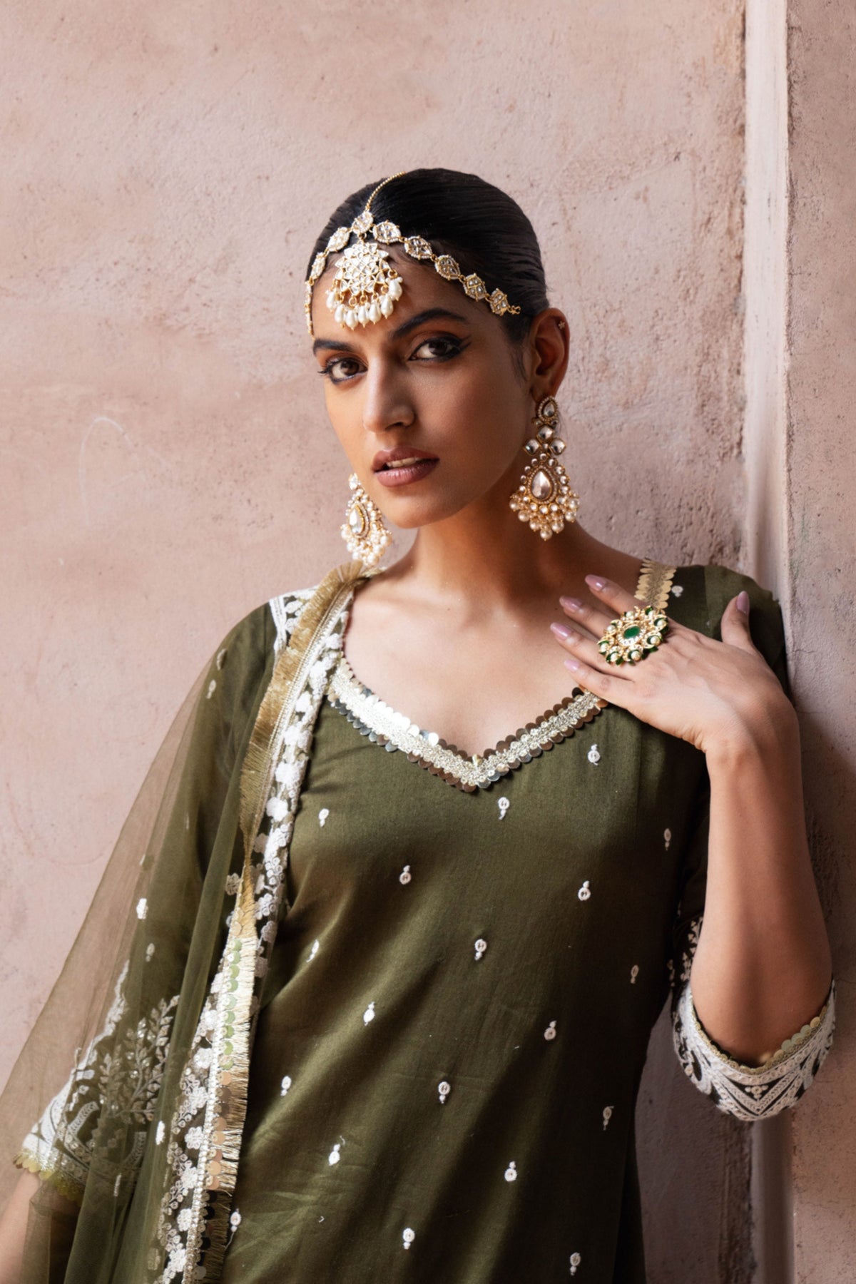 Olive Forest Embroidered Sharara Set