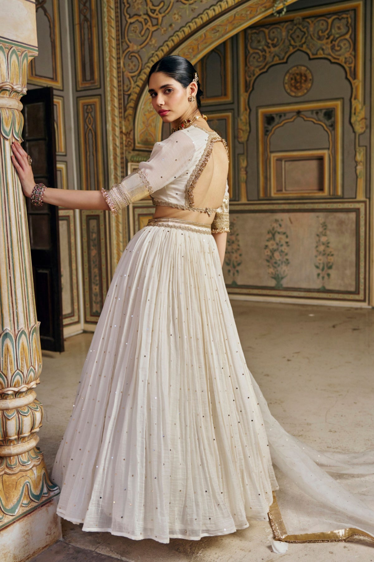Ivory Golden Mukesh Lehenga Set