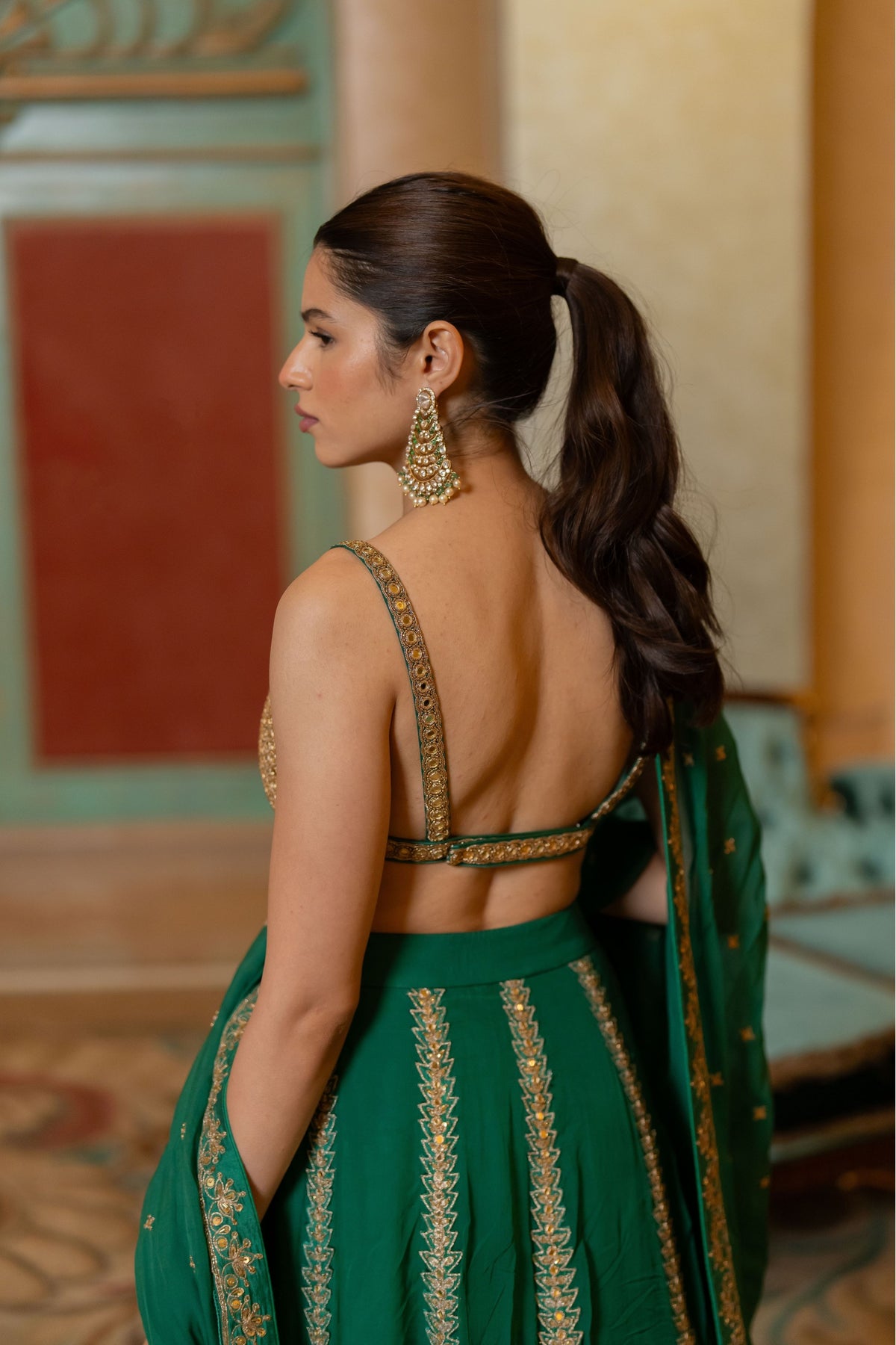 Emerald Green Hand Embroidered Mirror Detailed Lehenga Set