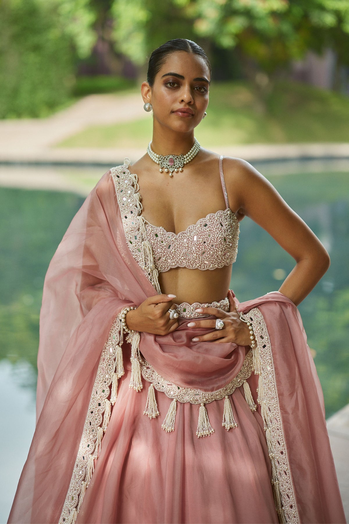 Dusty Rose Mirror and Pearl Lehenga Set