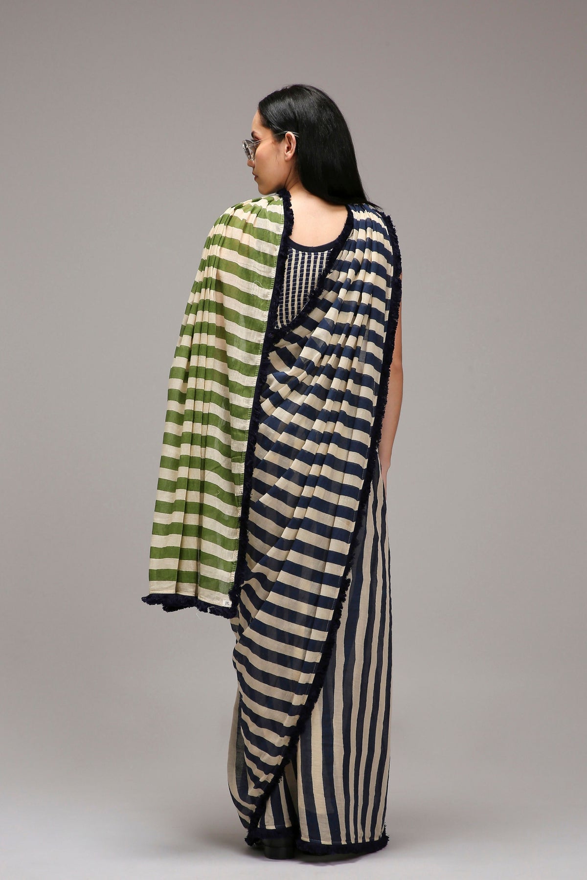 Egg-shell Bodysuit & Dual Striped Saree