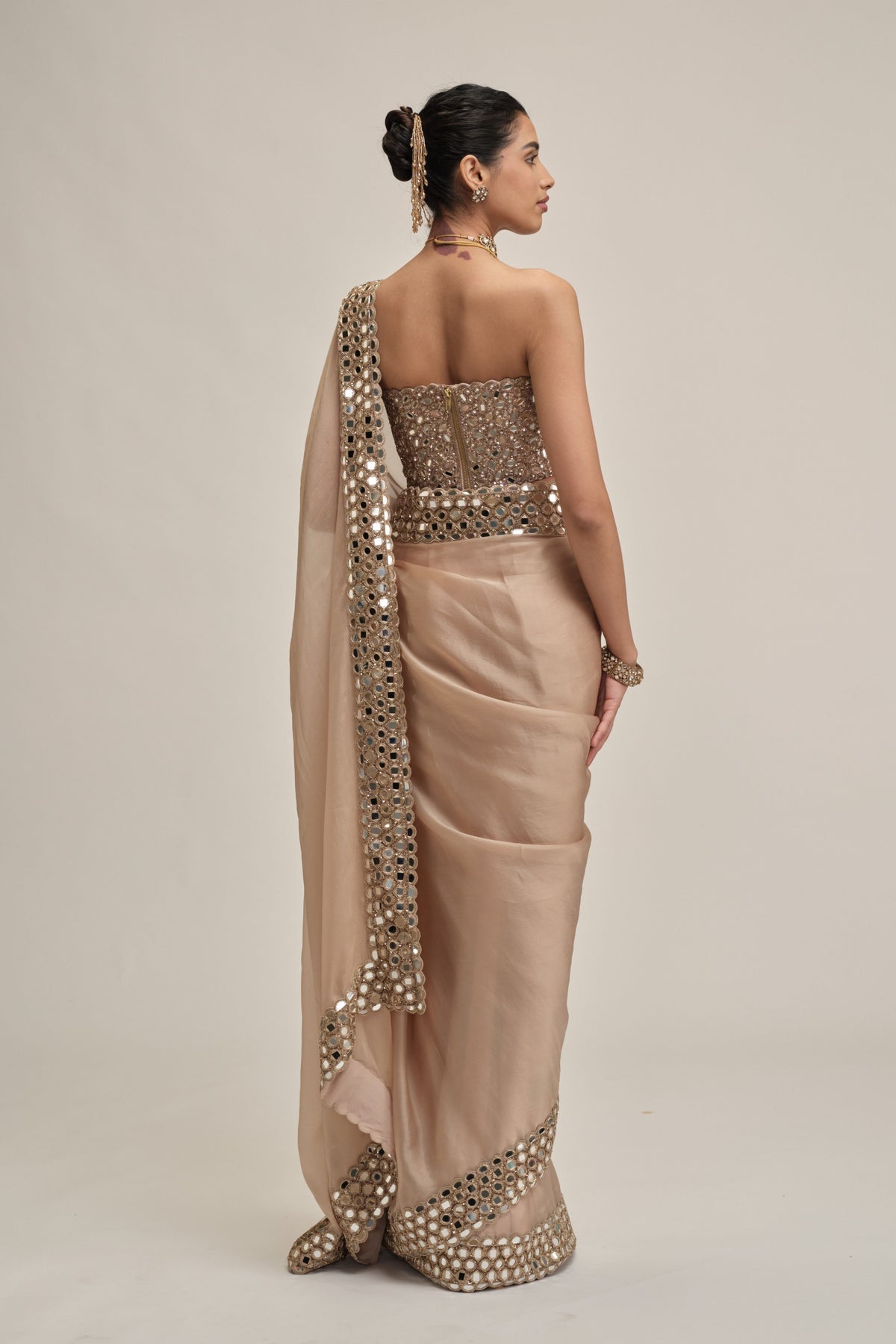 Beige Mirror Saree Set