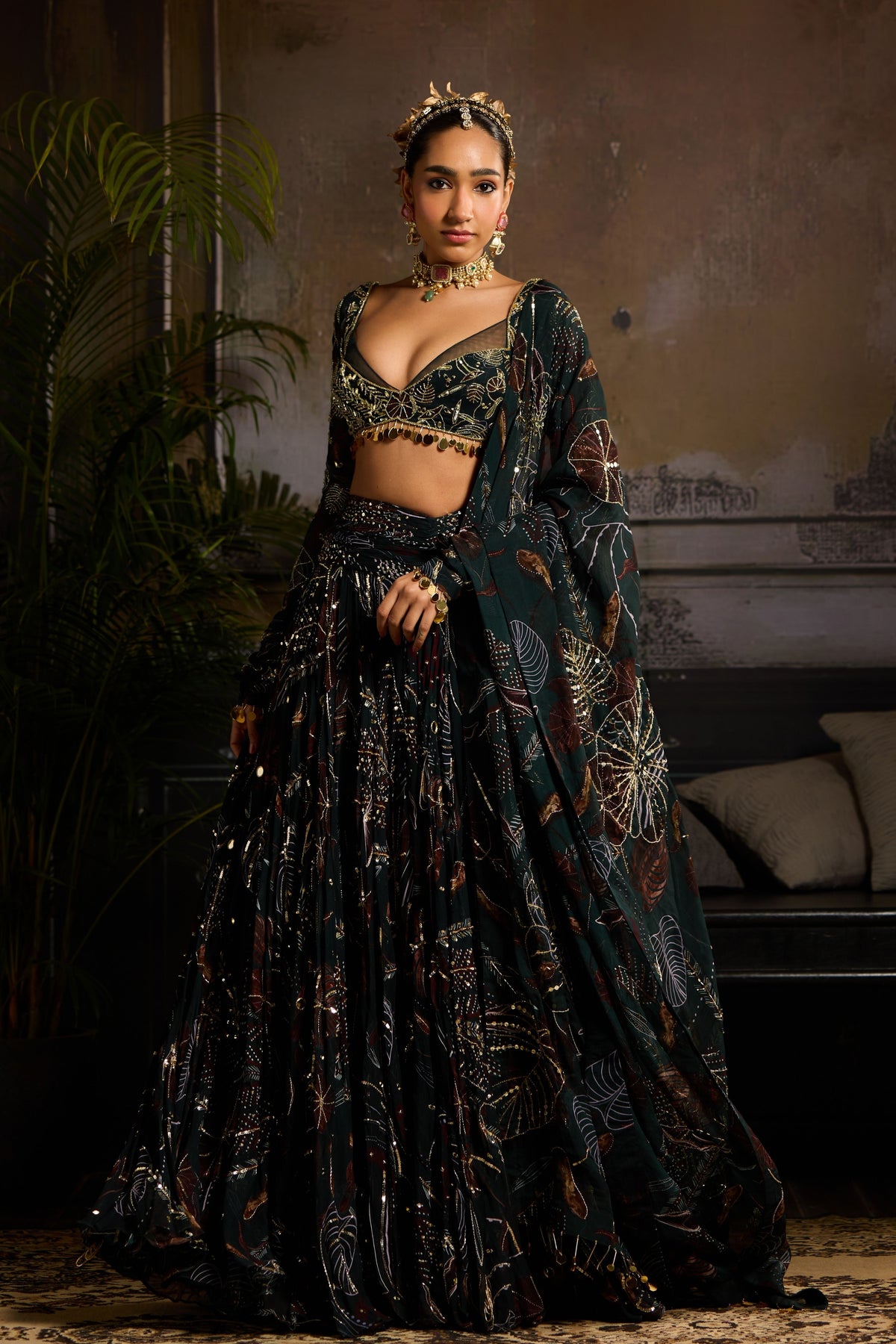Dark Green Leaf Lehenga Set