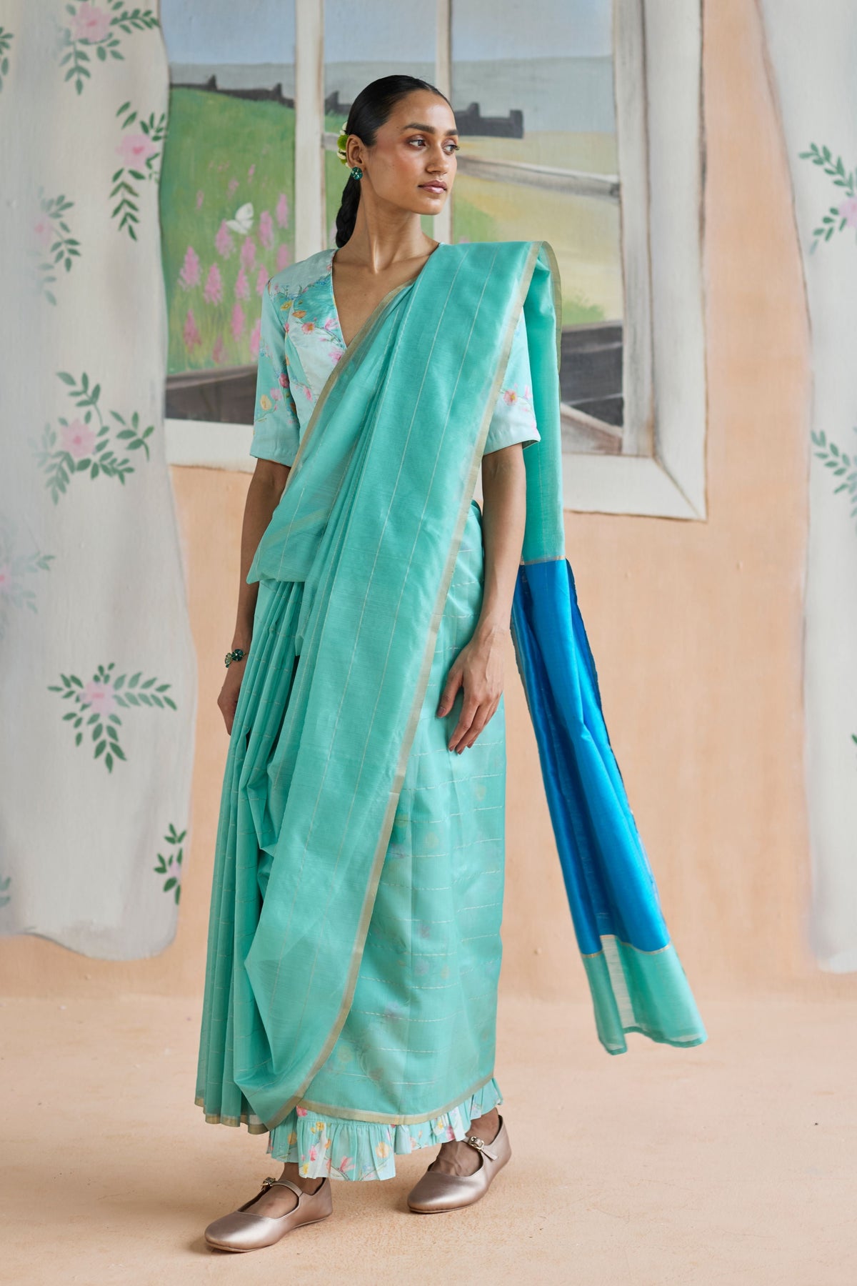 Aqua Scape Chanderi Sari