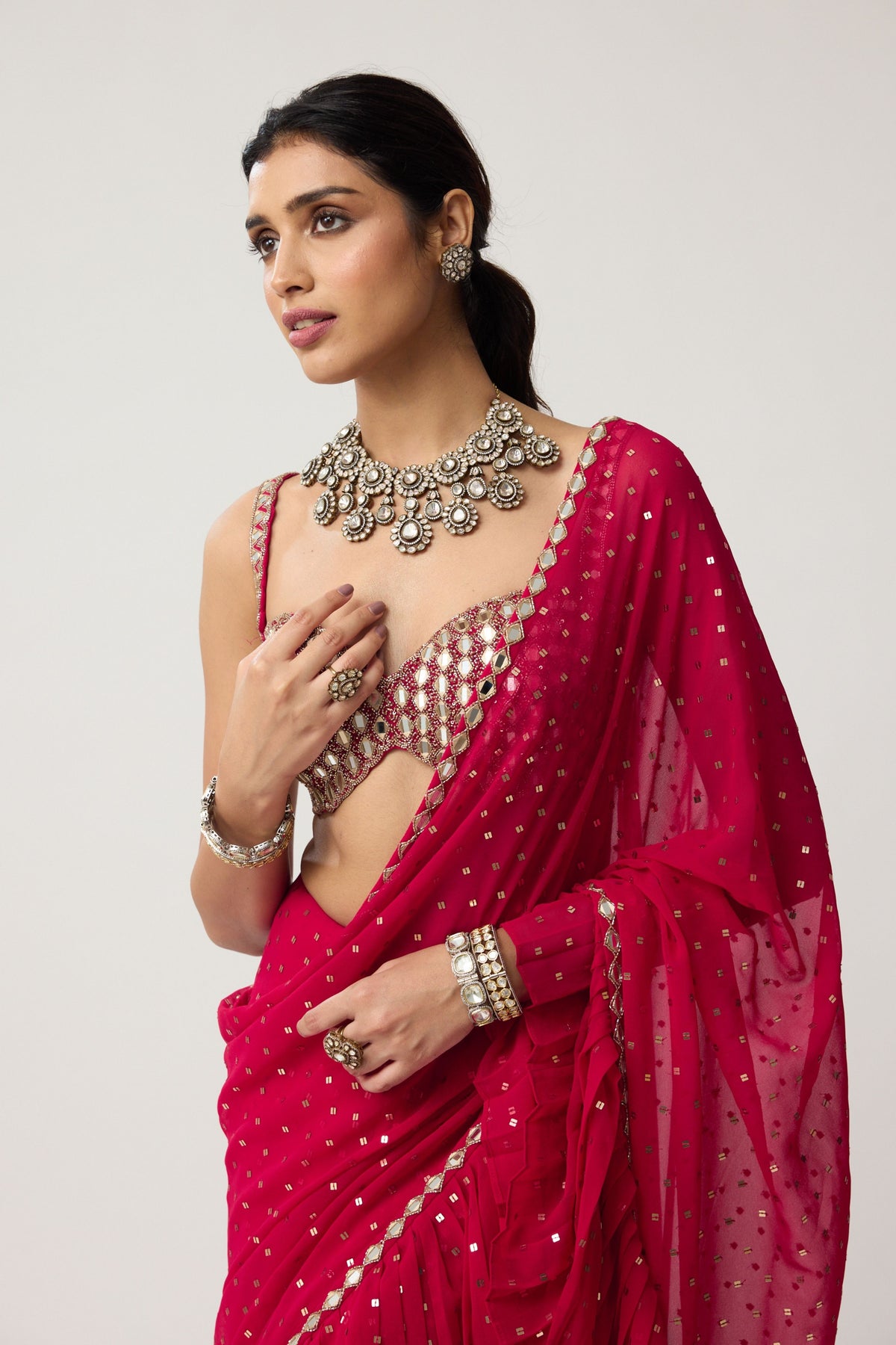 Crimson Red Ruffle Saree Set