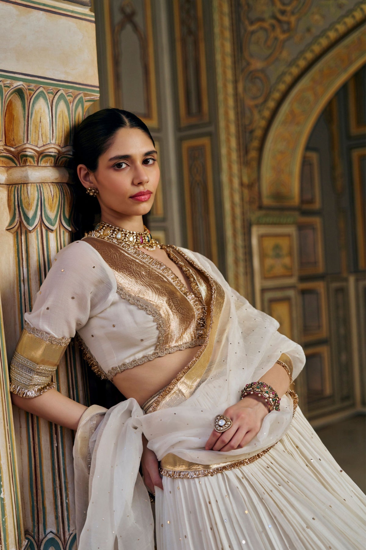 Ivory Golden Mukesh Lehenga Set