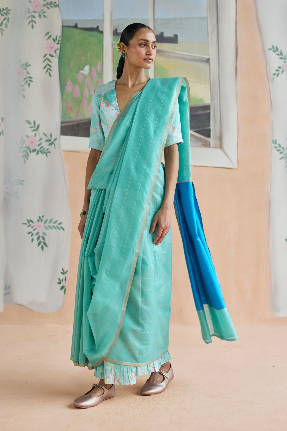 Aqua Scape Chanderi Sari