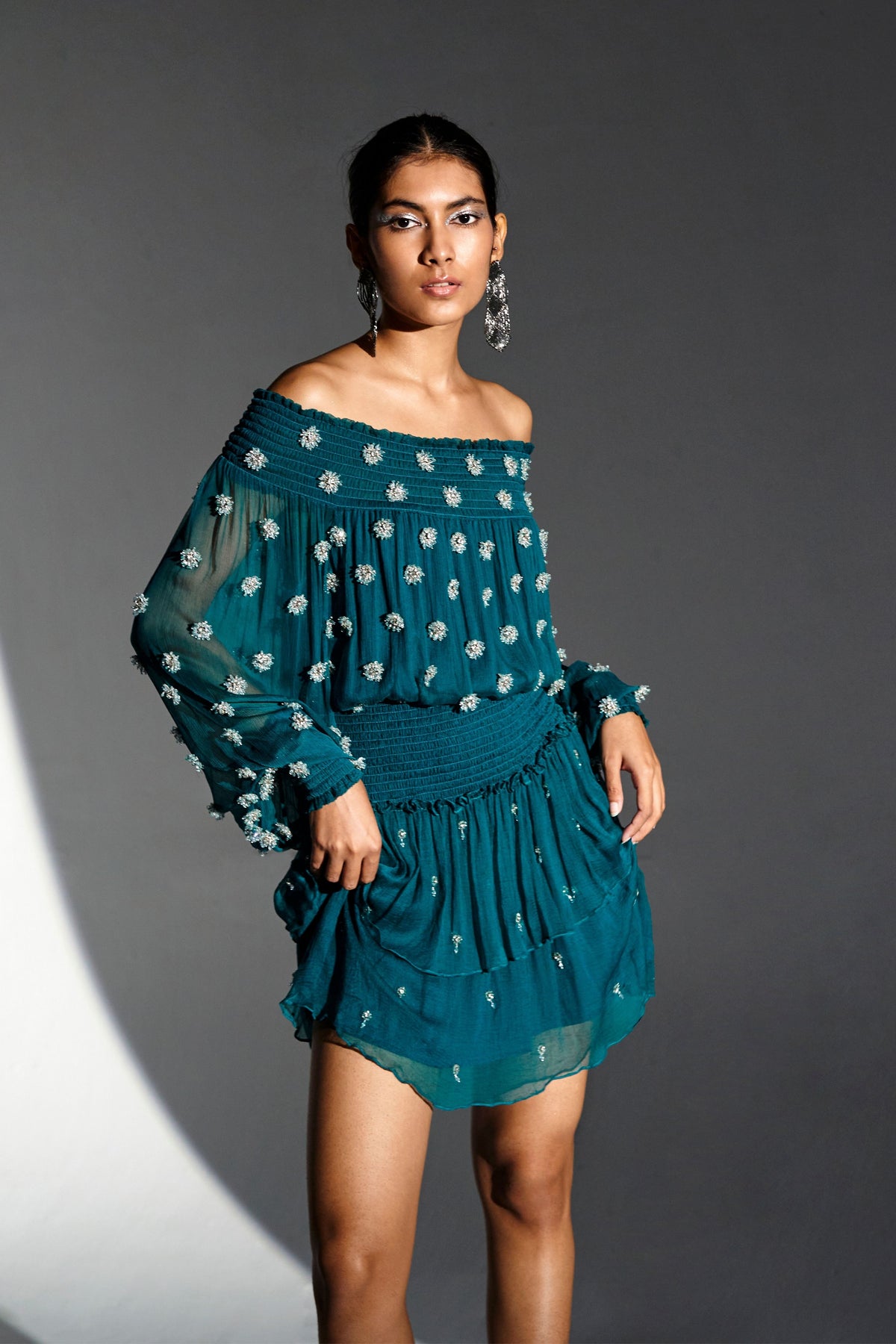 Green Ruched Sleeves Dress