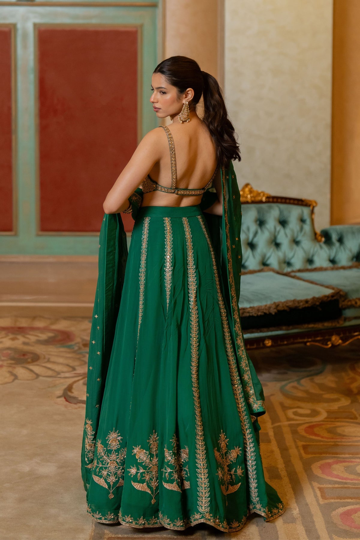Emerald Green Hand Embroidered Mirror Detailed Lehenga Set