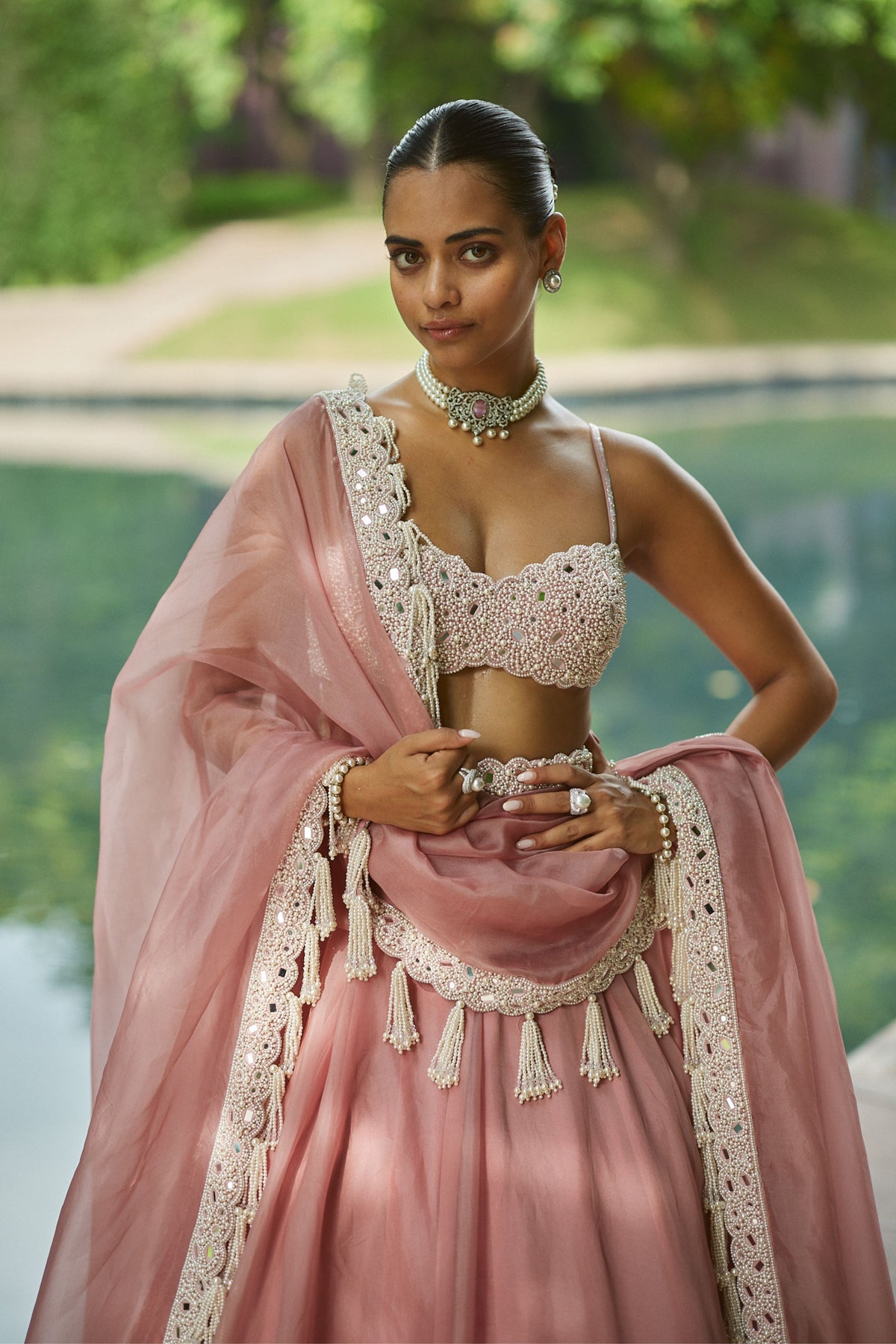 Dusty Rose Mirror and Pearl Lehenga Set