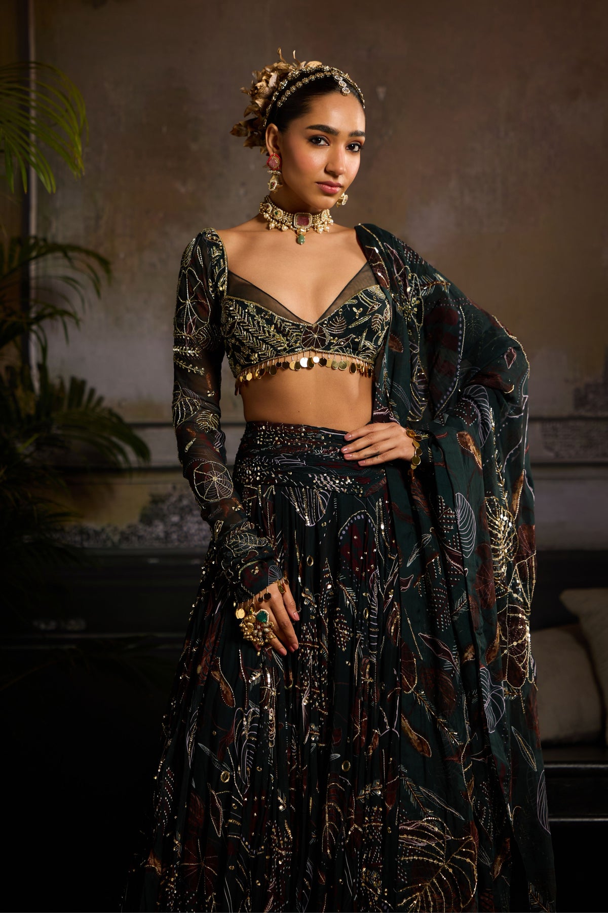 Dark Green Leaf Lehenga Set