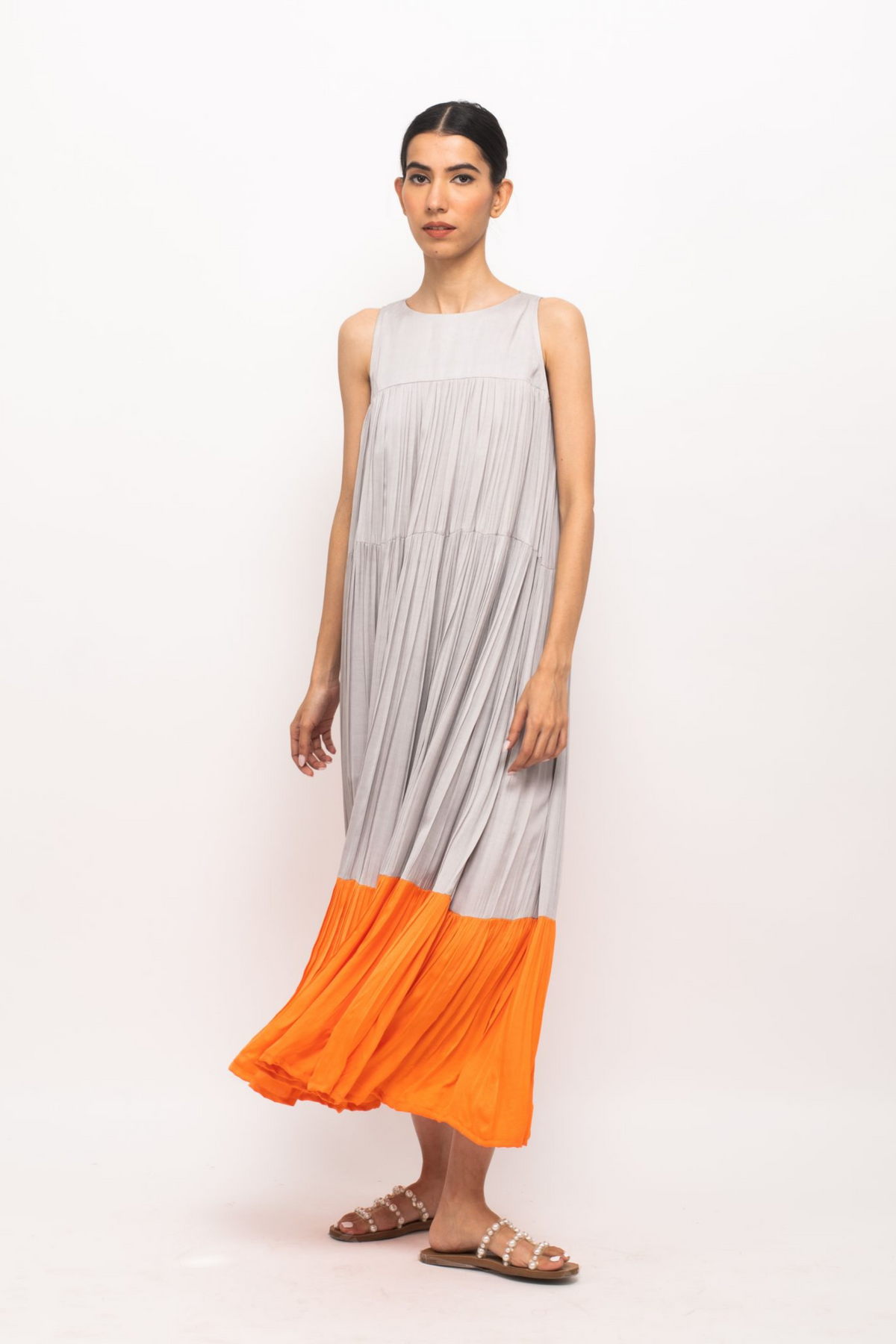 Grey and Orange Halter Neck Dress