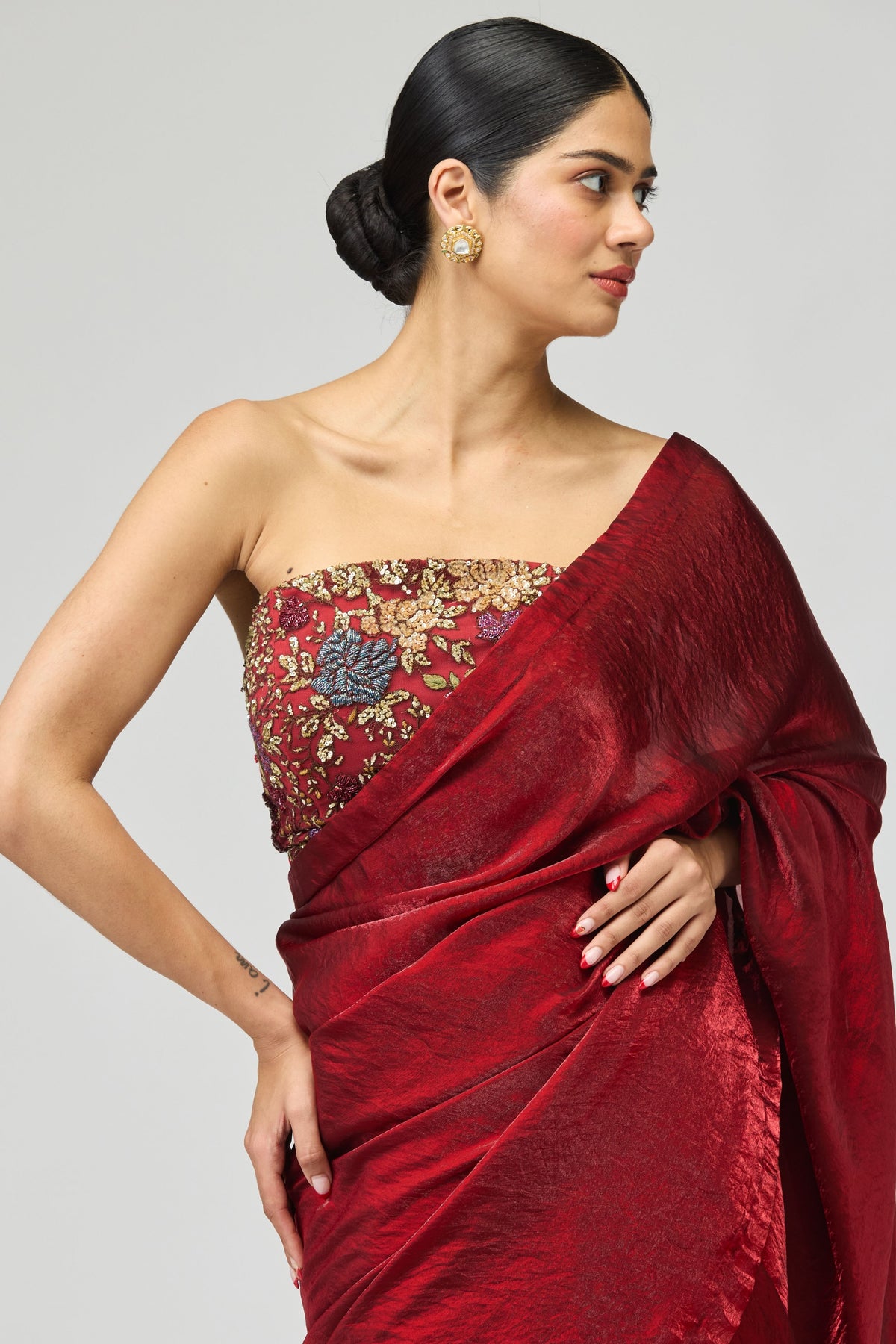 Maroon Net Embroidered Saree Set