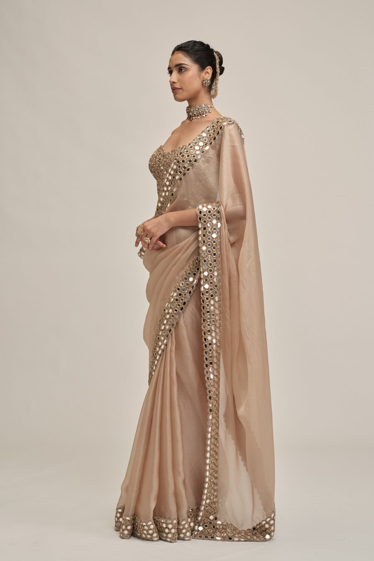 Beige Mirror Saree Set