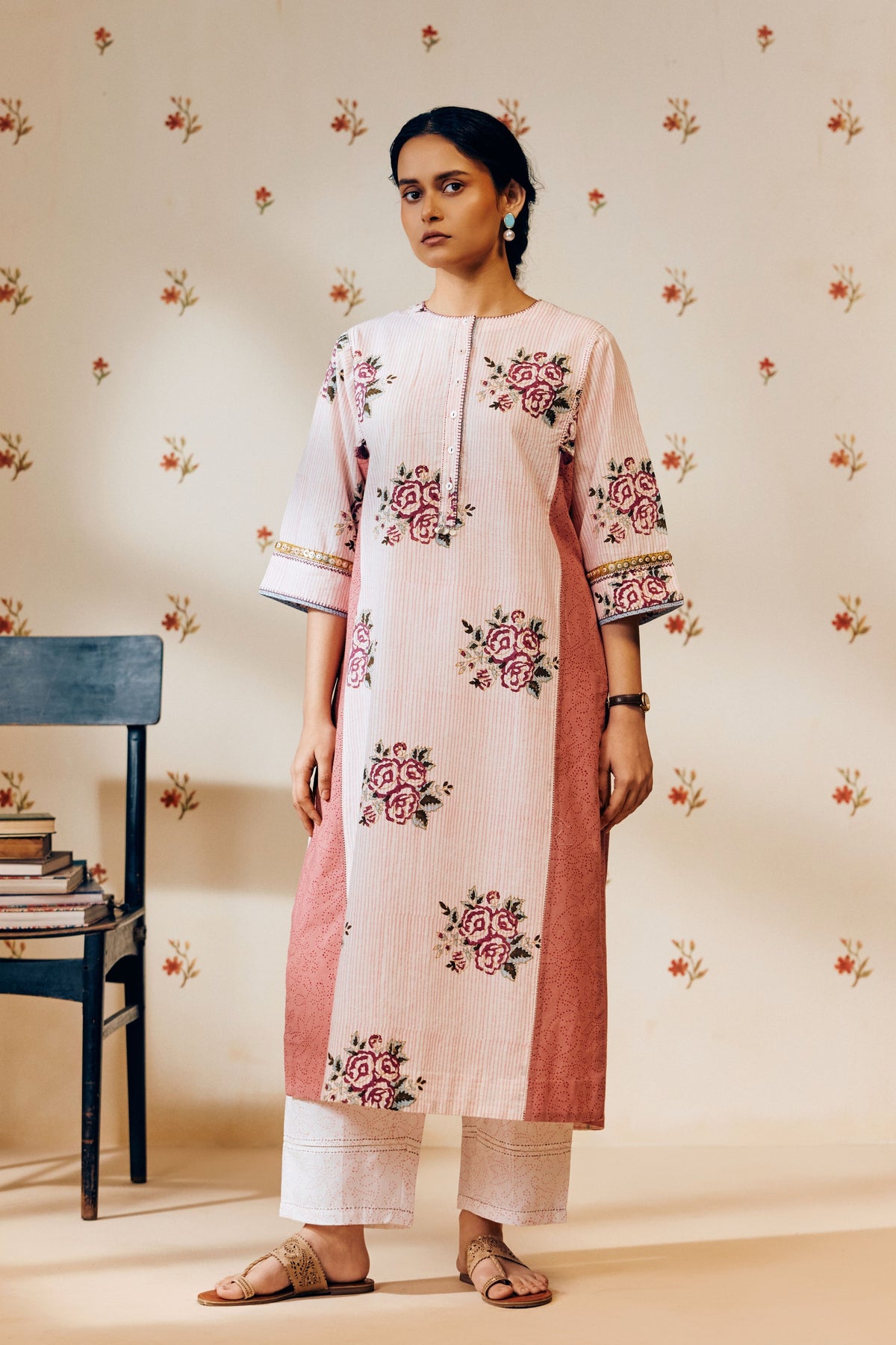 Pink Rose Print Kurta Set