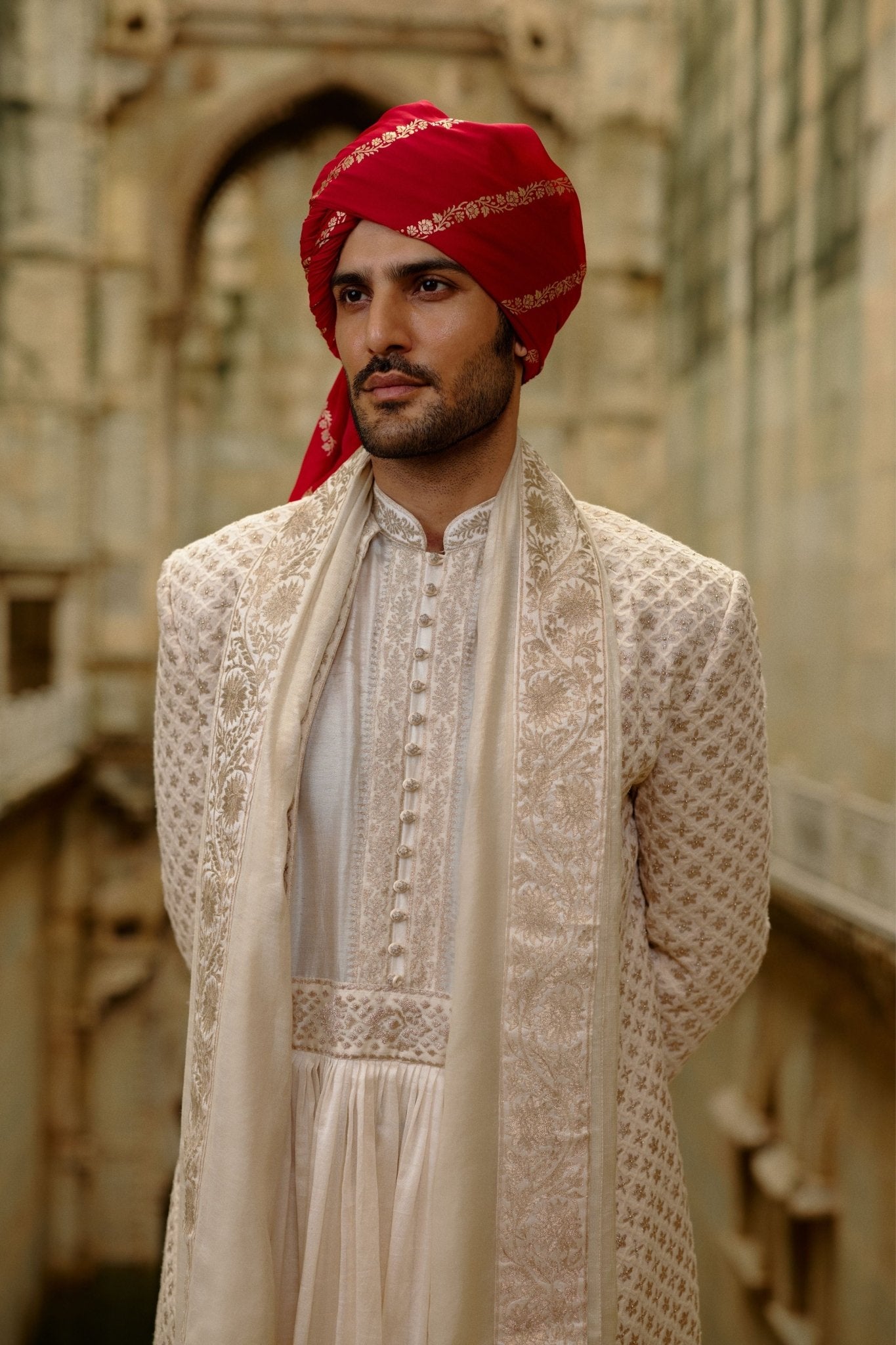 Cream Sherwani Jacket Set - Nitika Gujral Menswear - Elahe
