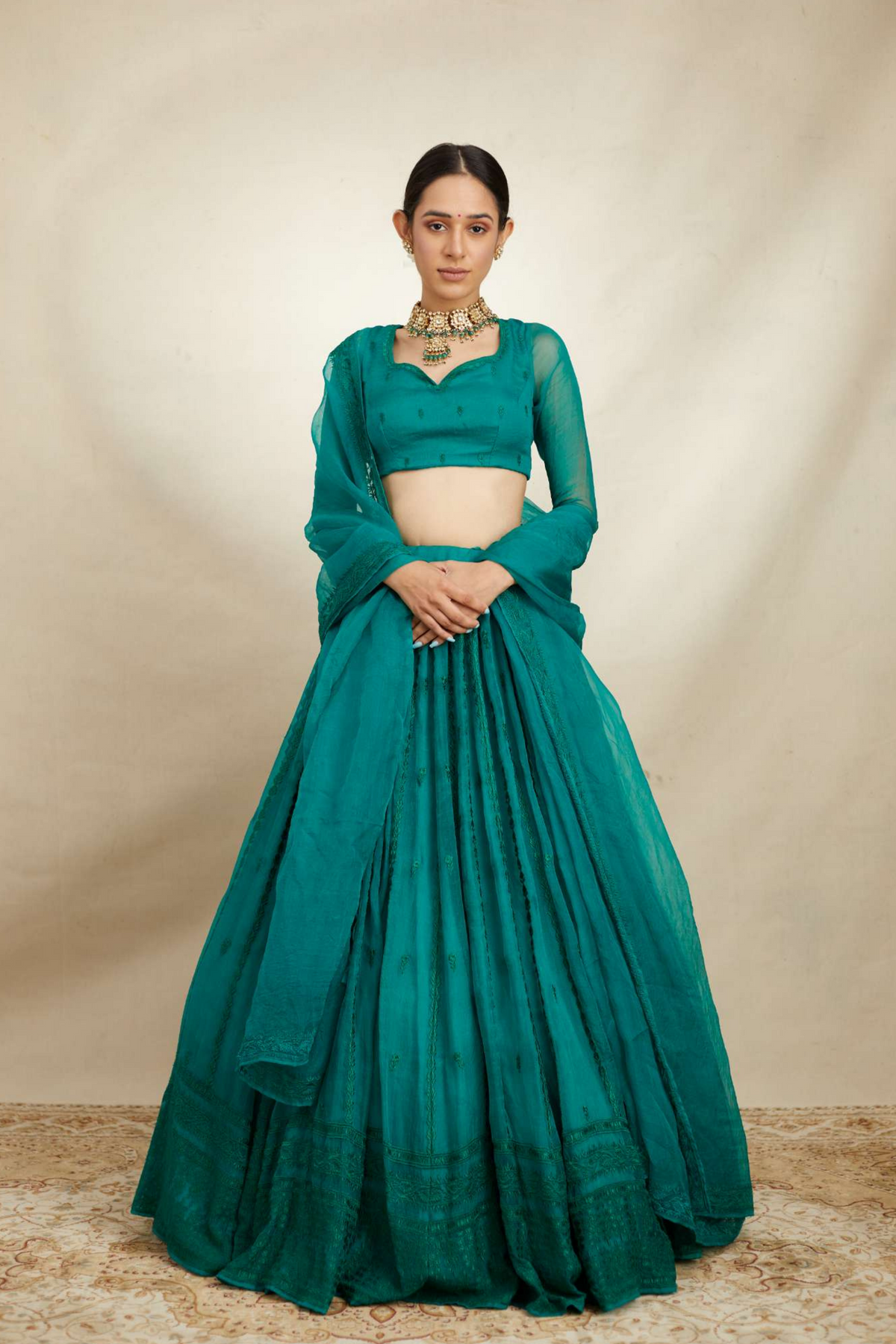 Teal Green Organza Lehenga Set