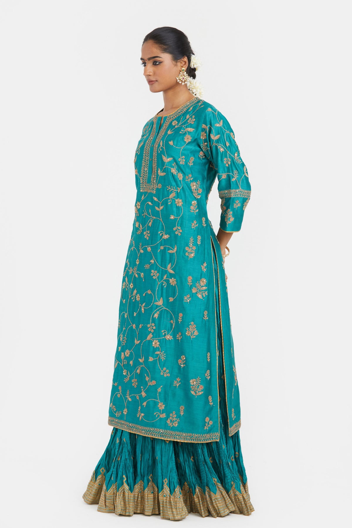 Teal Silk Chanderi Lehenga Set