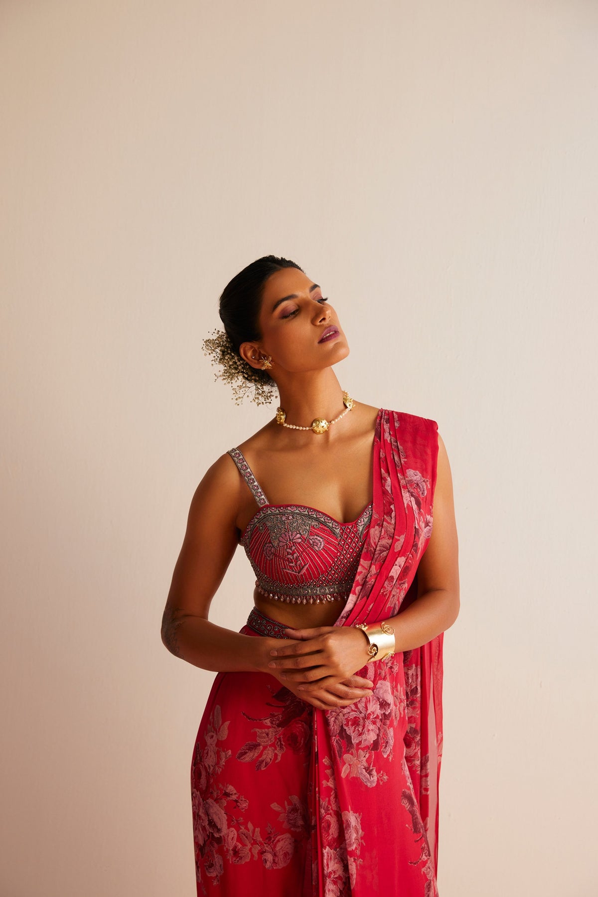 Red Rumi Pre-draped Saree