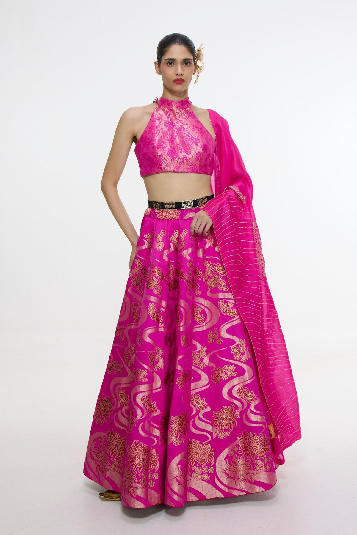 Handwoven Fuchsia Cutwork Lehenga Set